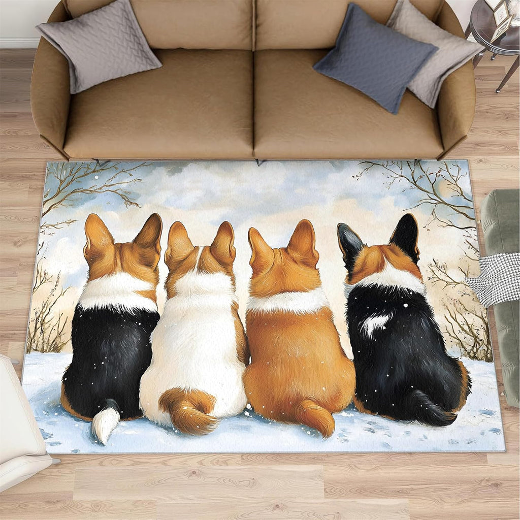 Dog Print Rugs for Living Room, Corgi Puppy Rug, Animal Prints Washable Rugs for Bedroom, Low Pile & Non Slip, Indoor Carpet, 6x8 Area Rug & Home Decor