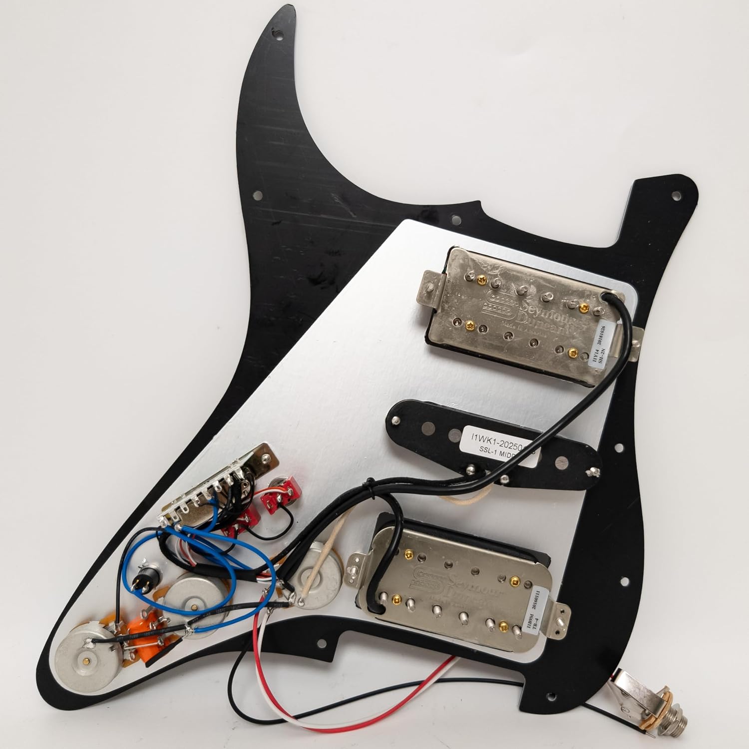 Guitar Prewired Loaded Pickguard for ST Alnico 5 Humbucker Pickups Set with 2 Coil Split Push-Pull Switches & Boost – Prewired Upgrade Harness for USA/Mexico Strat Guitars (Black)