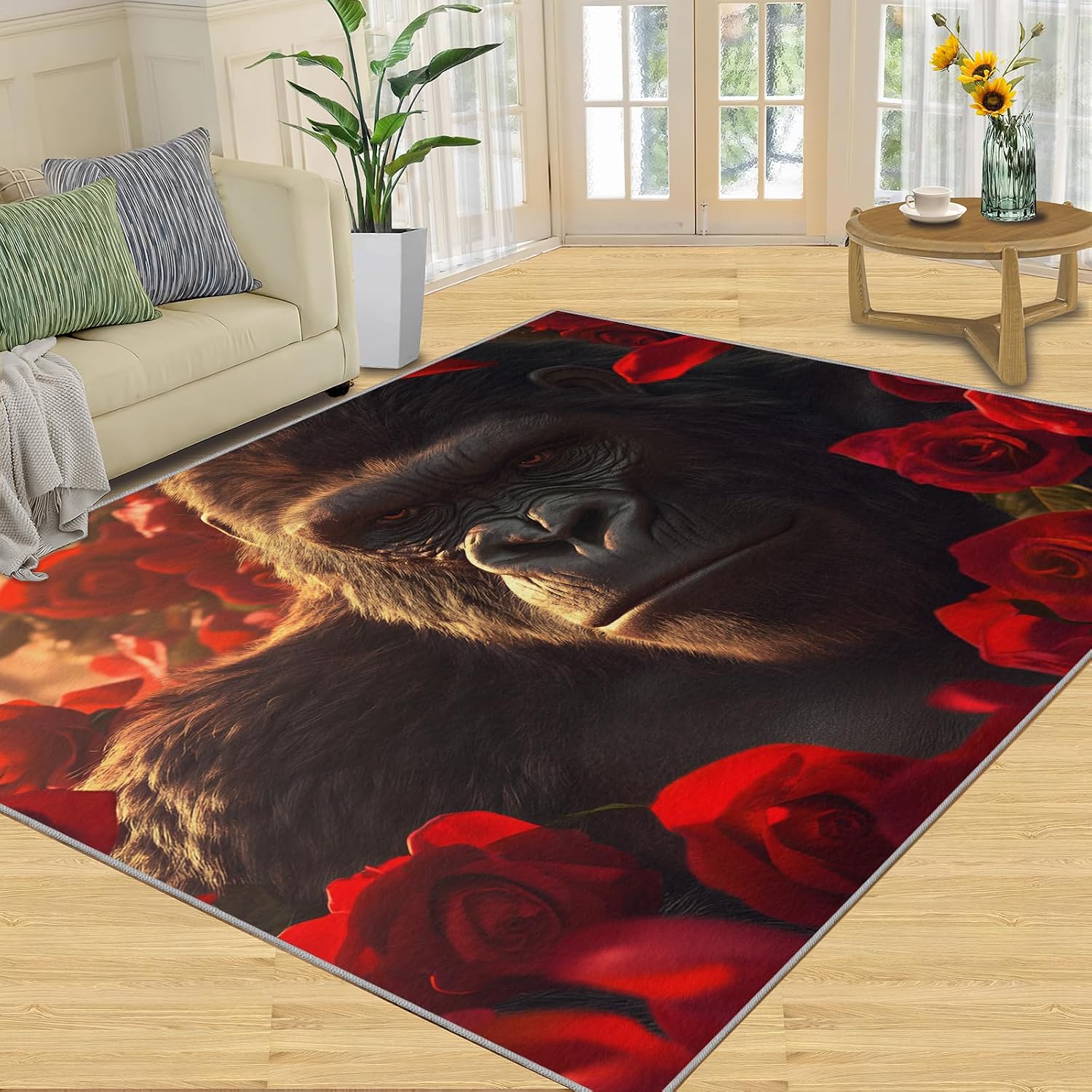 Gorillas Rug - 6x8 Rugs for Bedroom, Rose Gorillas Area Rug, Black Monkey Washable Rugs for Living Room, Non Slip Animal Indoor Carpet - Home Decor, Tropical Wildlife Gifts for Kids