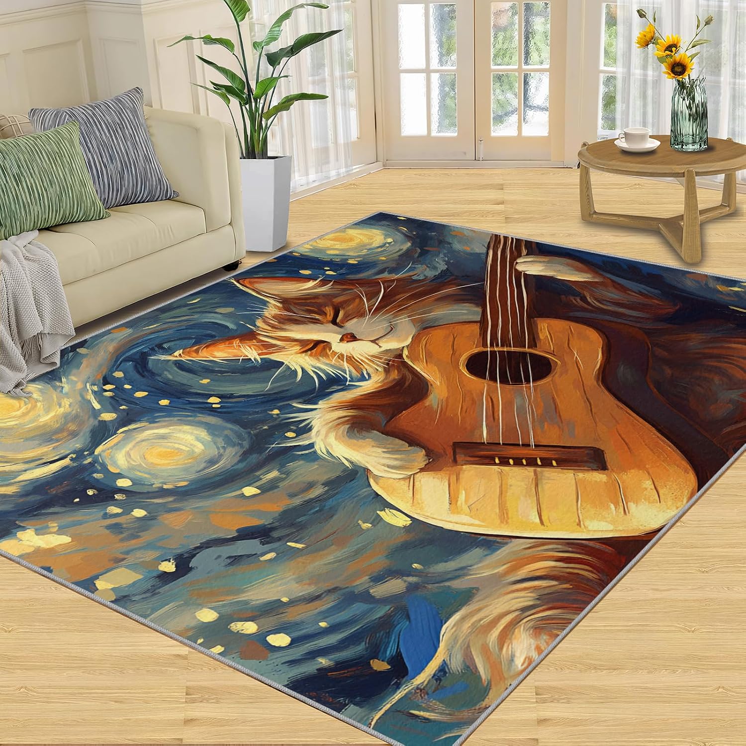 Starry Sky Cat Area Rug, Guitar Music Cat Rugs for Boys Room, Non Slip Kids Rug for Living Room Bedroom Study Office Decor Floor Mat 8x10