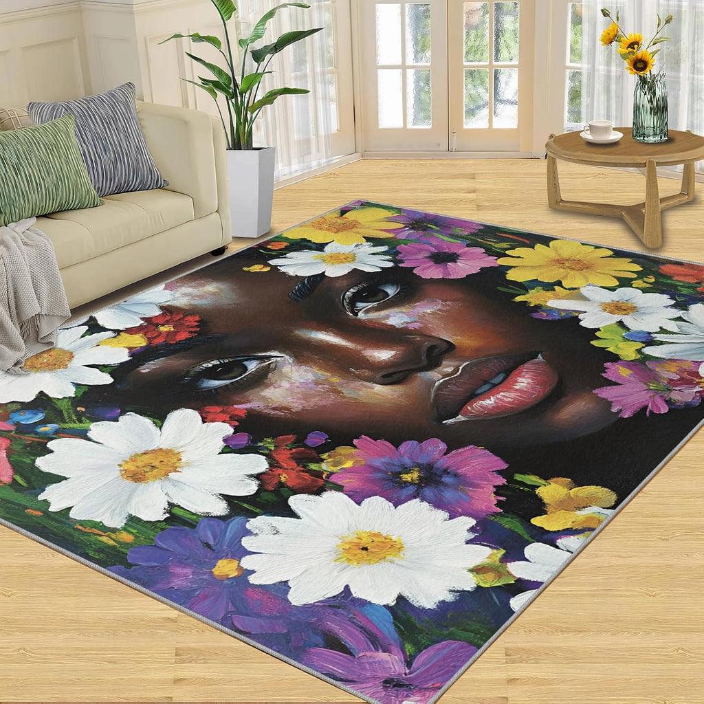 African American Rug 6x8-6x8 Rug, Afro Black Girl Washable Rugs for Living Room, Watercolor Carpet, Afro Girl Non-Slip Area Rugs for Bedroom, Floral Carpet, African Woman Home Decor