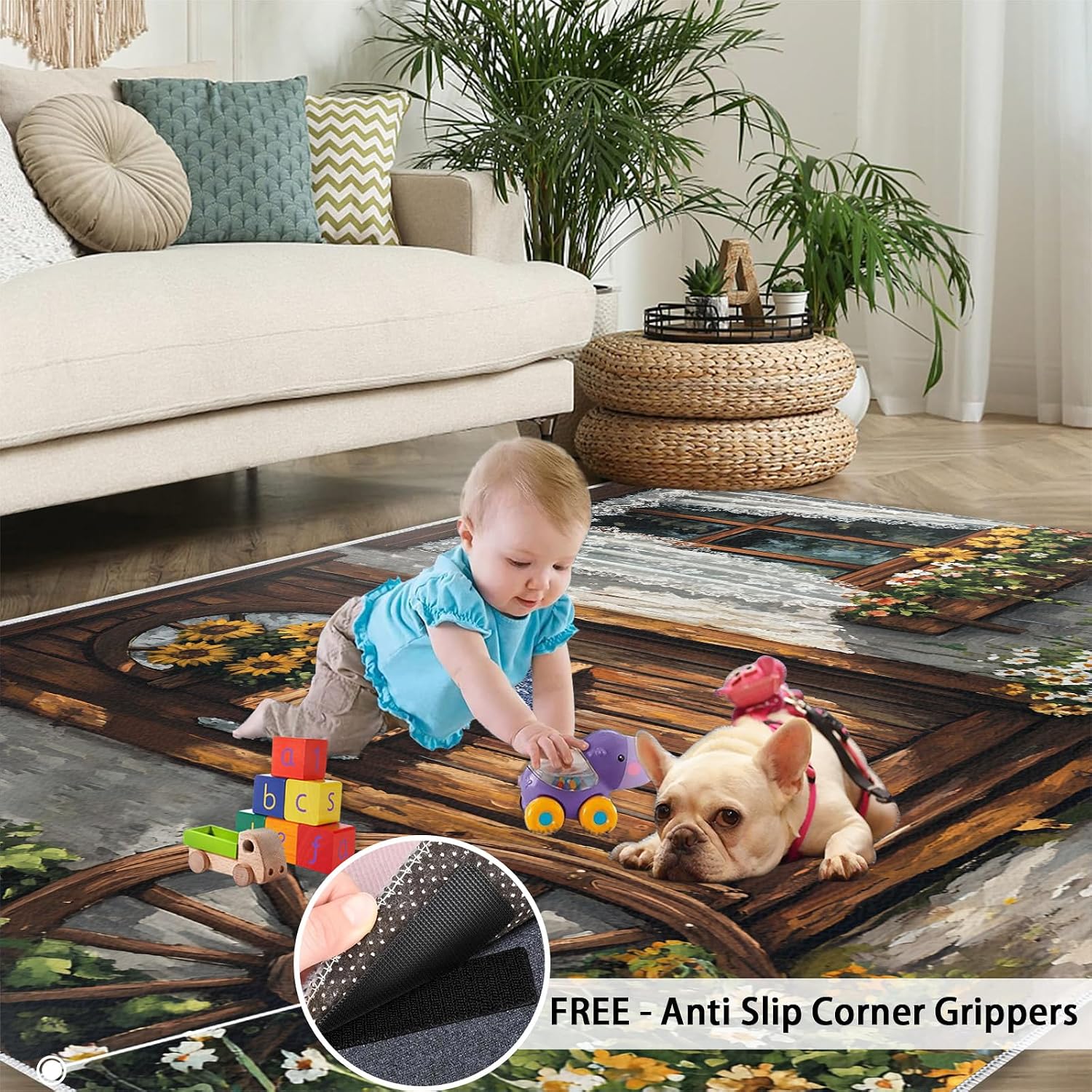 Country Wooden Door Rug 6x8 - Wooden Wheels Large Rugs for Living Room, Pastoral Warm Carpet Area Rug for Girls Bedroom Kids Room Basement Office Classroom