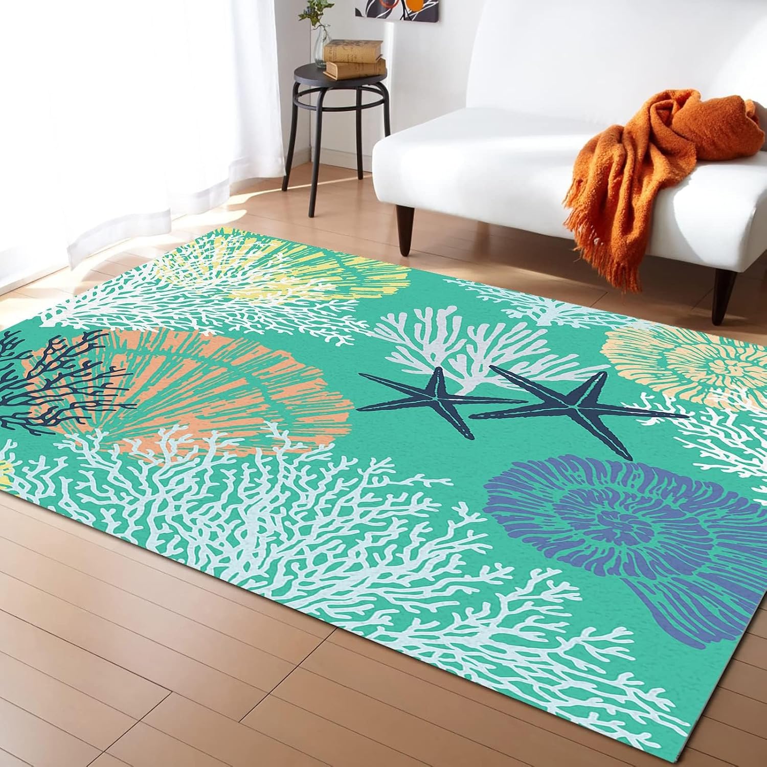 Green Starfish Shell Coral Ocean Area Rug, Coastal Theme Indoor Non Slip Bedroom Rug, Machine Washable Breathable Durable Carpet for Living Room Study Dining Room Dormitory - 5 ft x 7 ft