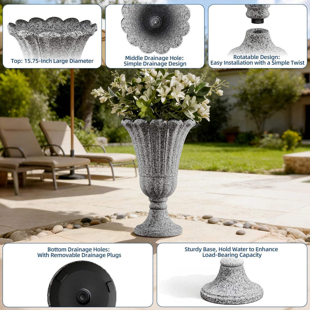Plastic Urn Planters Set of 2, 23.6' Tall Pedestal Planter with Drainage Holes, Vintage Petal Garden Planter Urns for Front Porch, Large Plant Urns Outdoor & Indoor Flower Pots, Heather Gray