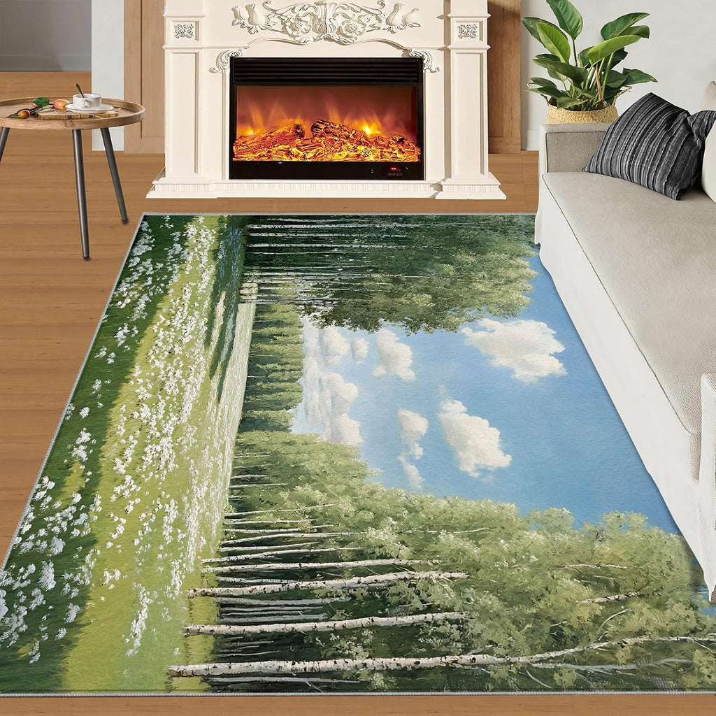 Forest Rug 6x8, Birch Tree Area Rug, Natural Landscape Rugs for Living Room, Washable Rugs for Bedroom, Non Slip Low Pile Floor Mats