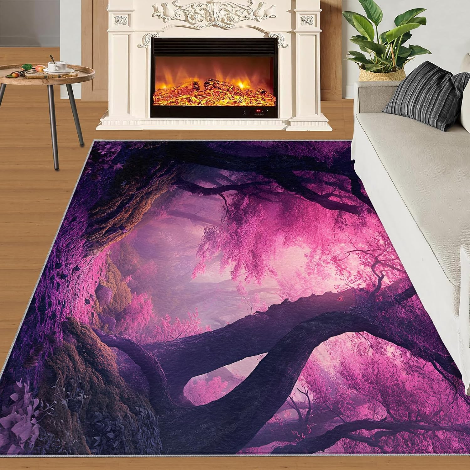 Pink Forest Rug 6x8-6x8 Rug, Woodland Area Rugs for Living Room Bedroom, Landscape Area Carpet, Natural Scenery Washable Carpet, Forest Home Decor & Gifts