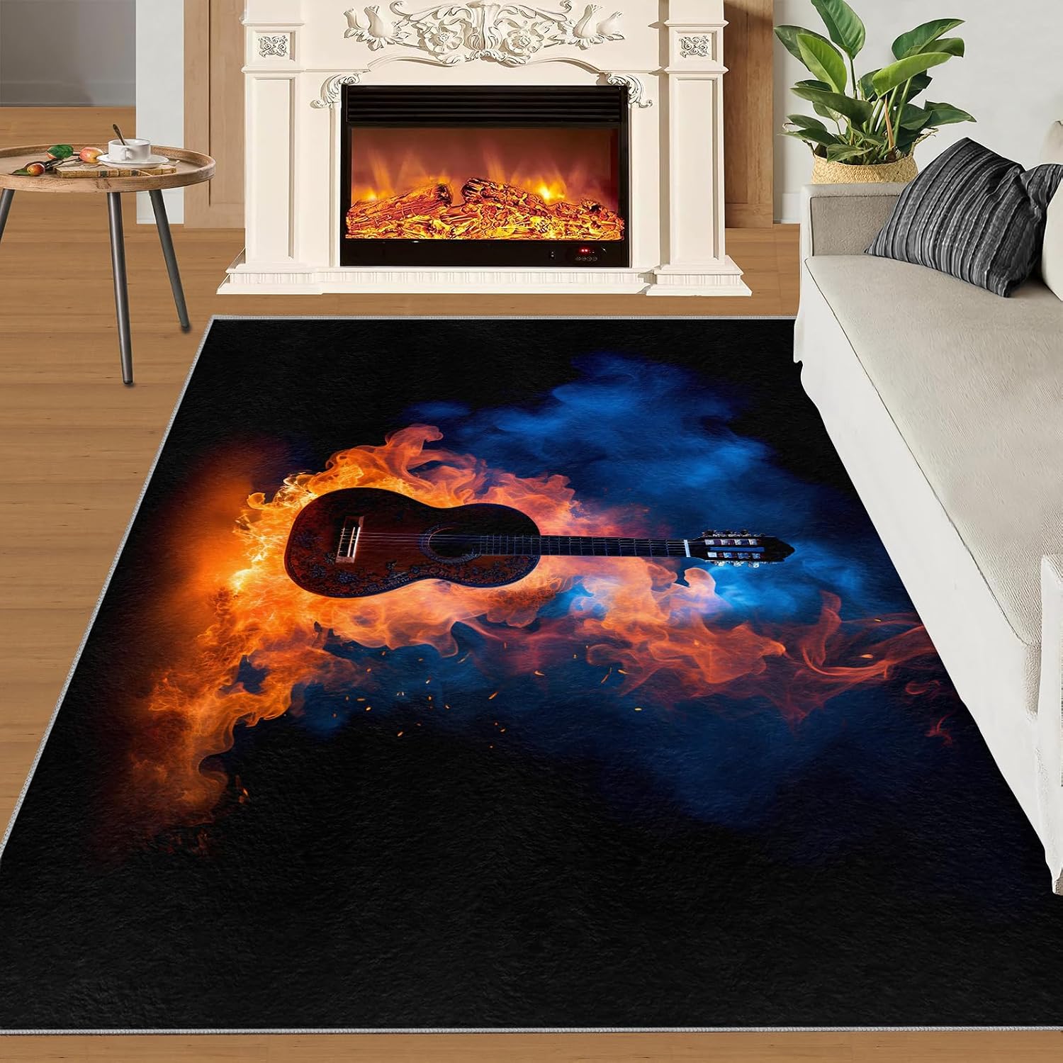 Guitar Rugs for Music Room - 5x7 Rug, Music Home Decor, Boys Musical Washable Rugs for Living Room Bedroom, Burning Area Rug, Rock and Roll Carpet, Electric Guitars Gifts for Men