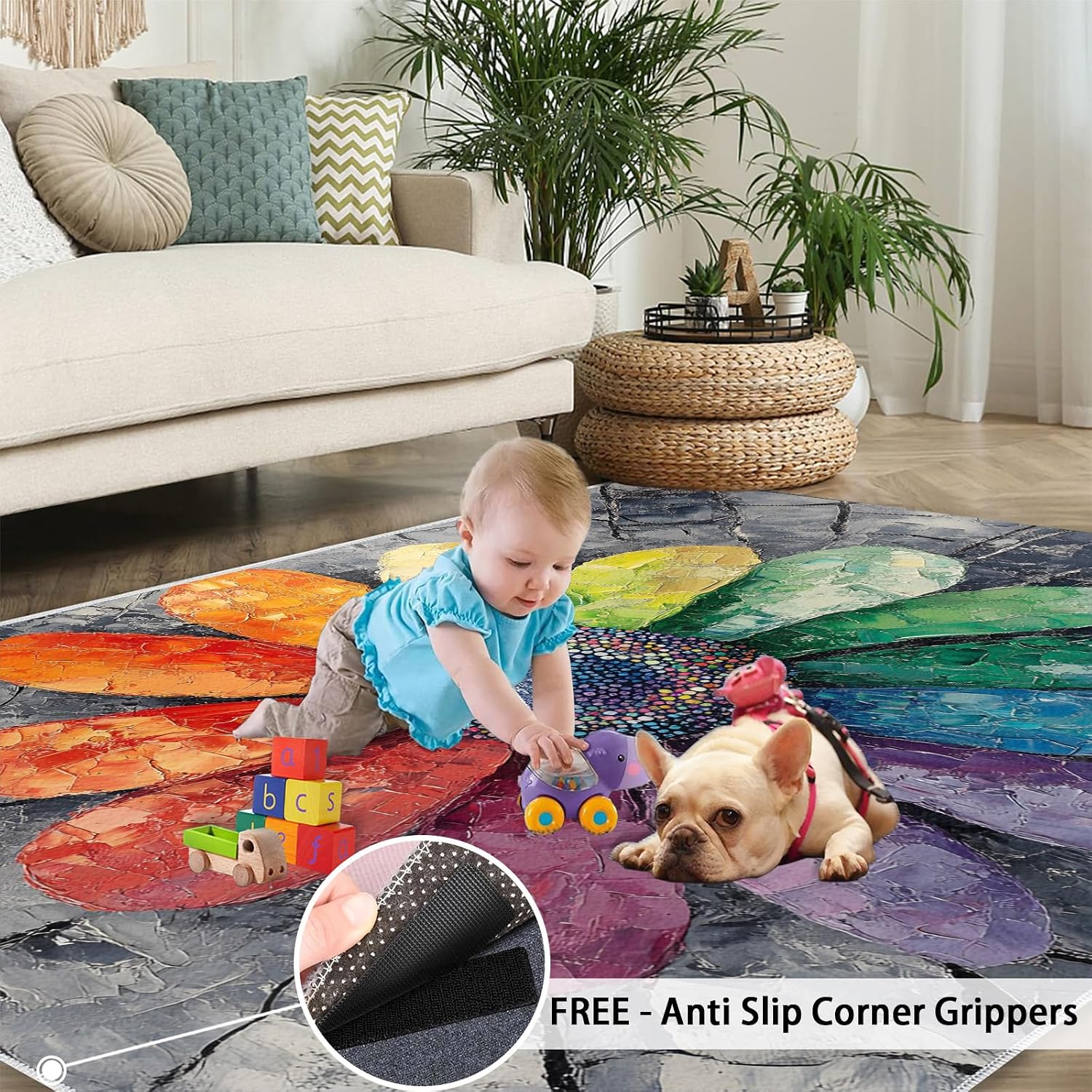 Colorful Flowers Rug 6x8, Sunflower Area Rug, Distressed Flowers Rugs for Living Room, Decor Rugs for Bedroom, Low Pile Non Slip Carpet