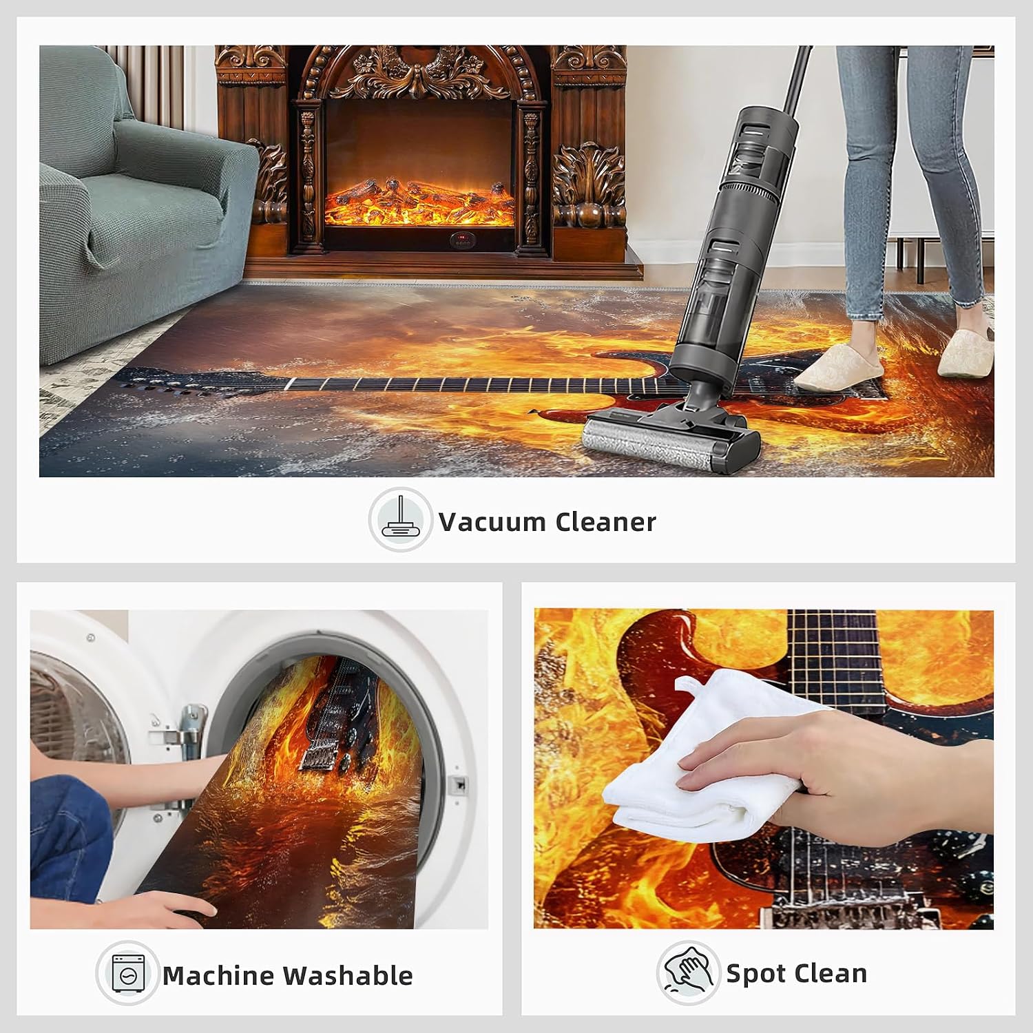 Guitar Area Rug 6x9, Music Rugs for Living Room, Water and Fire Guitar Bedroom Rug, Machine Washable Rugs for Sofa Kitchen Dining, Non-Slip Home Decor Carpet