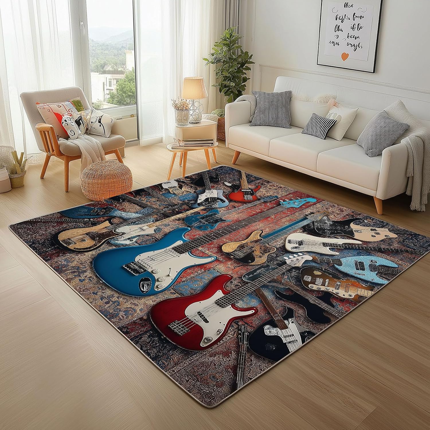 Guitar Art Motif Washable Area Carpet 5x6ft Abstract Color Blocks Living Room Rugs Non-Slip Rugs Navy Blue Bedroom Rug Decorative Carpet, for Dining Room Dormitory Washable Rug