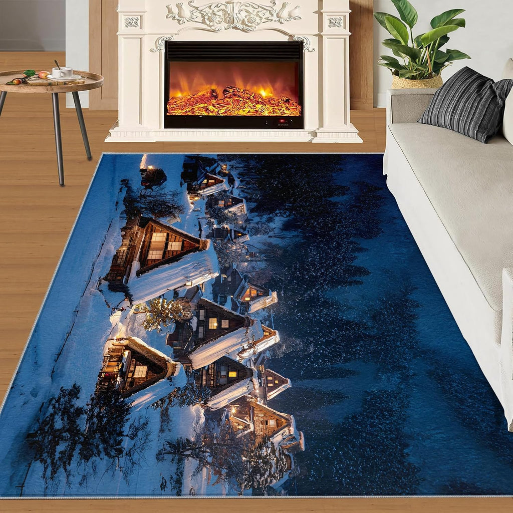 Fairytale Forest Rugs for Bedroom, Winter Snow Scene Rug 6x8, Village Night View Dining Room Rugs Washable & Non Slip Large Carpet for Home Decor