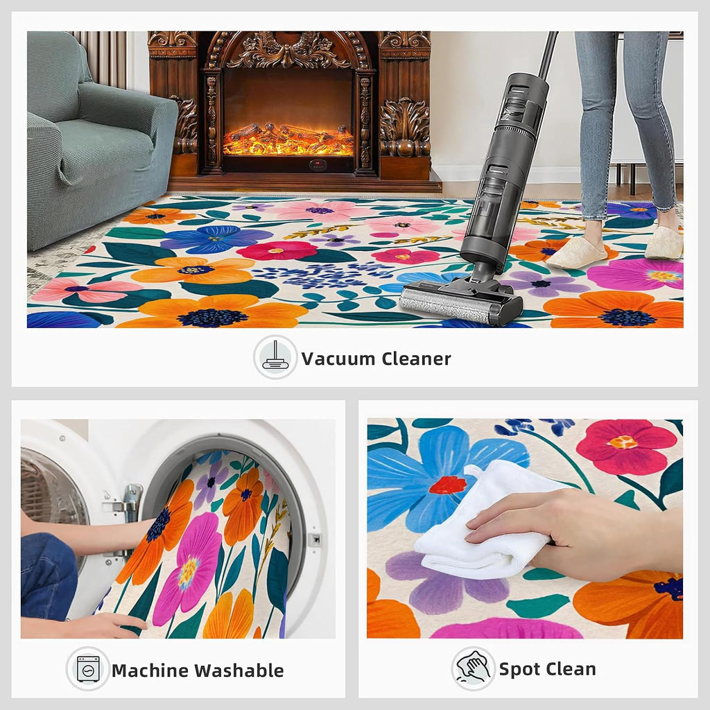 Colorful Florals Rug 6x8 - Simple Florals Large Rugs for Living Room, 1970s Flowers Carpet Area Rug for Girls Bedroom Kids Room Basement Office Classroom