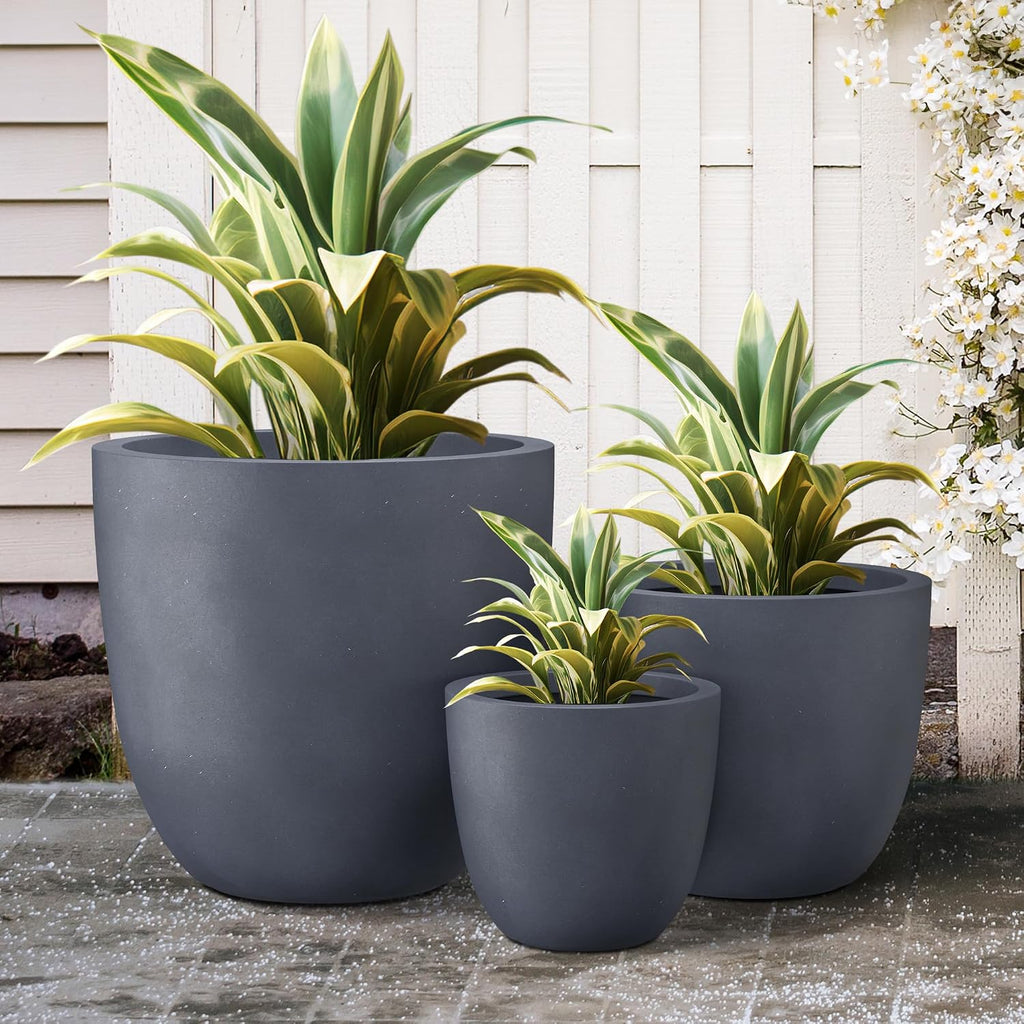 Kante 18',14',10' Dia Concrete Round Planters (Set of 3), Outdoor Indoor Large Planter Pots with Drainage Hole and Rubber Plug for Home Patio Garden, Charcoal