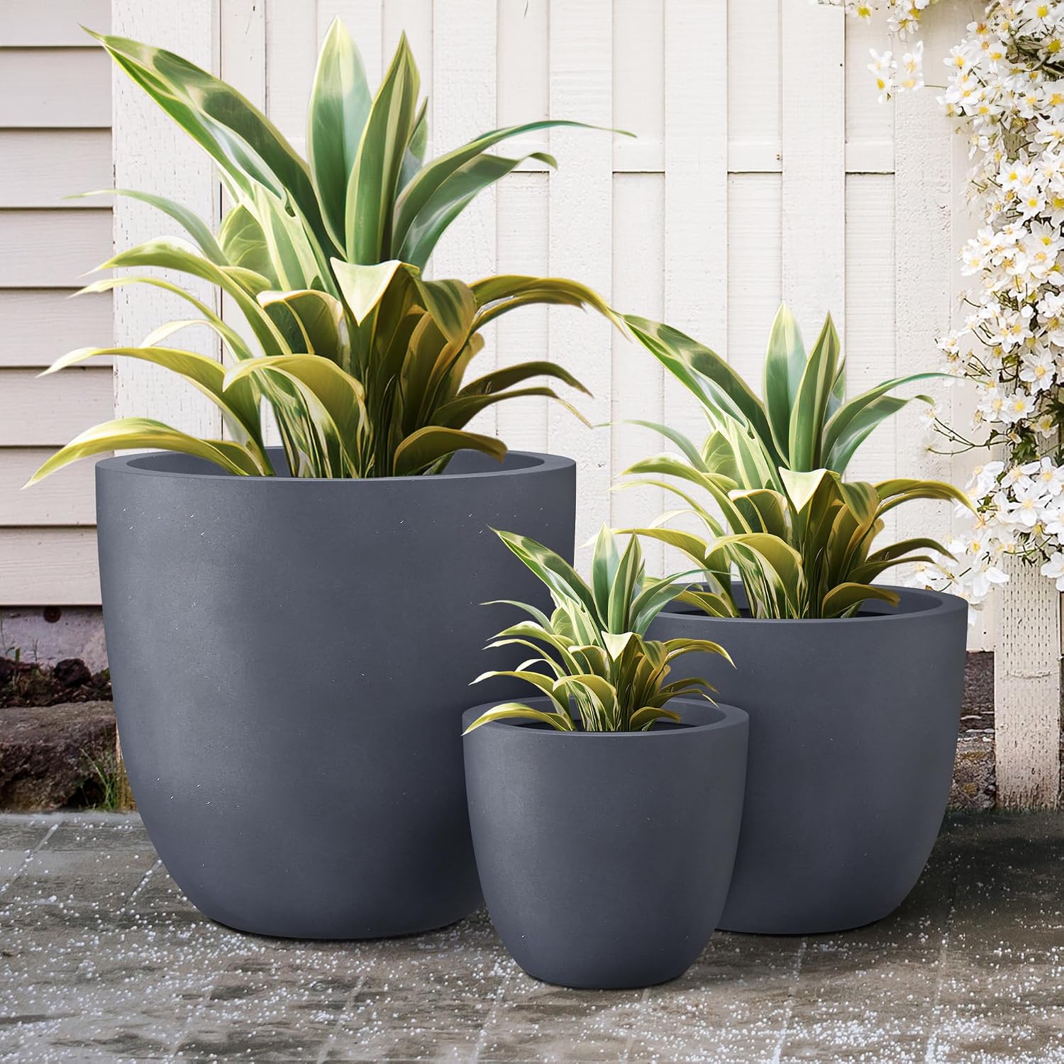 Kante 18',14',10' Dia Concrete Round Planters (Set of 3), Outdoor Indoor Large Planter Pots with Drainage Hole and Rubber Plug for Home Patio Garden, Charcoal