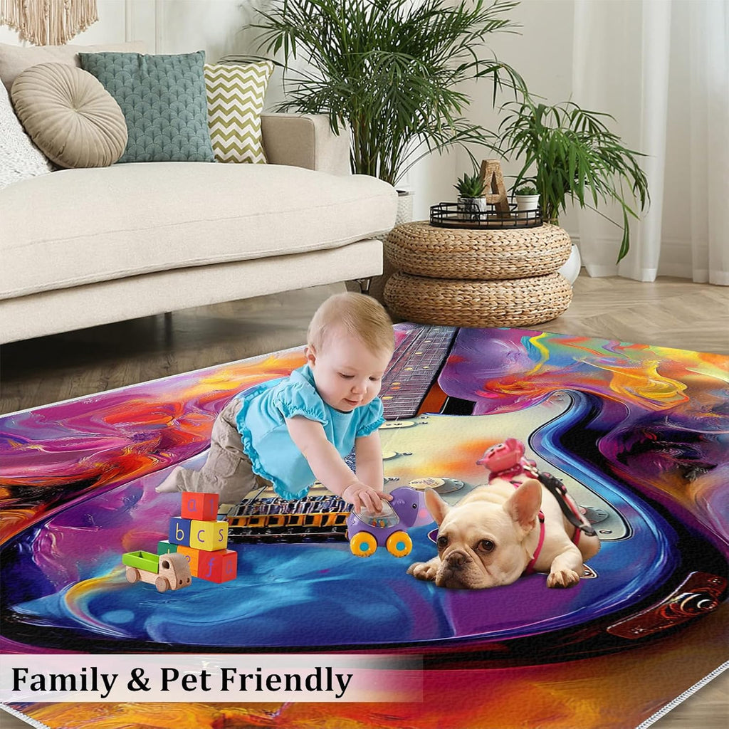 Guitar Rugs for Music Room - 5x7 Rug, Music Home Decor, Boys Musical Washable Rugs for Living Room Bedroom, Colorful Abstract Area Rug, Rock and Roll Carpet, Electric Guitars Gifts for Men