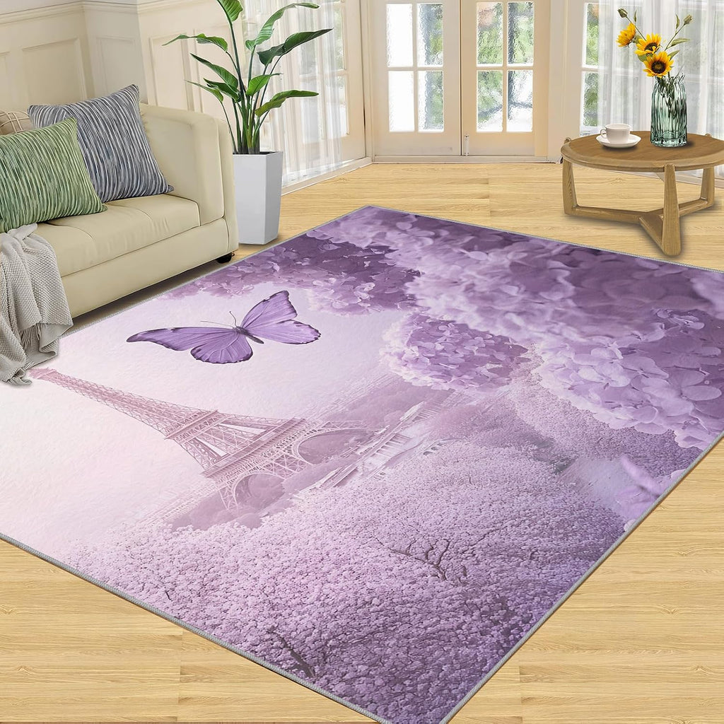 Eiffel Tower Rugs for Bedroom, Romantic Paris Rug 6x8, French Landscape Dining Room Rugs Washable & Non Slip Large Carpet for Home Decor