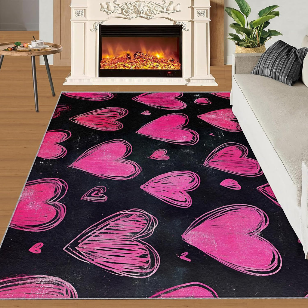 Pink Love Area Rug Large - 6x8 Rug, Black Rugs for Living Room, Romantic Area Rugs for Bedroom, Kids Washable Carpet, Love Home Decor & Gifts