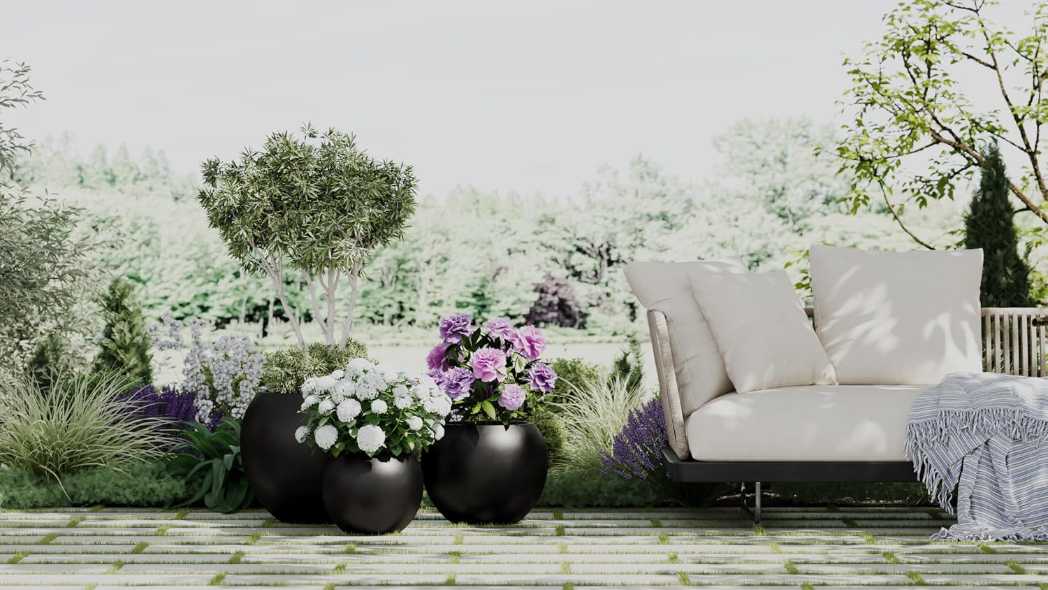 DTY Premium Mt Sherman Fiberstone Sphere Planter for Indoor Outdoor Use, Round Pot for Olive Tree, Lightweight, Smooth Finishes. 2 Extra Coco Mats. Black, Large 21.1'' D x 16.7'' H. 14.6' Pot Opening