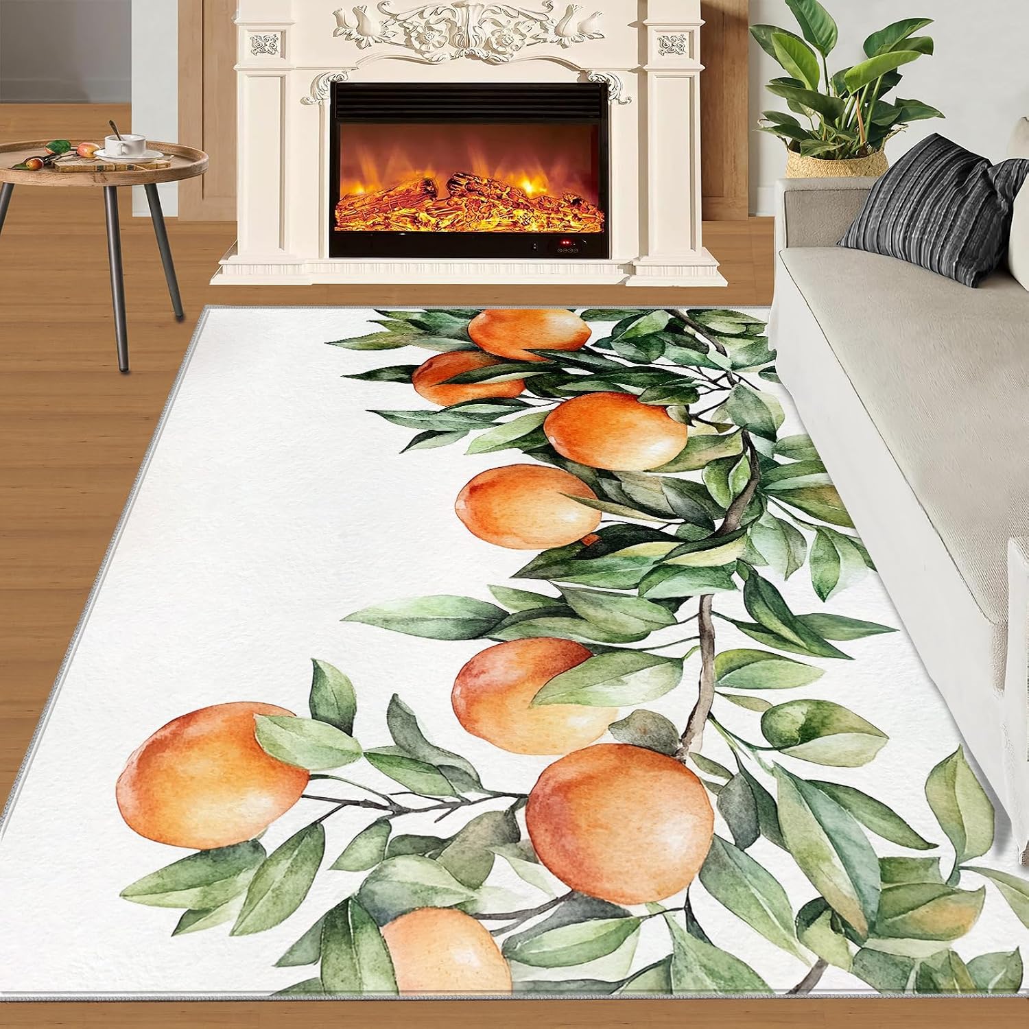 Fruit Rug 6x8, Orange Rugs for Living Room, Watercolor Rugs for Bedroom, Washable Area Rug, Non Slip Carpet for Hardwood Floors