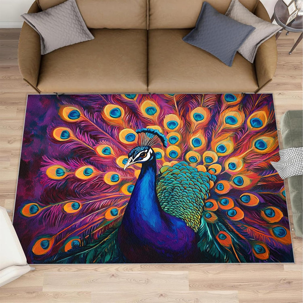 Peacock Rug 6x8-6x8 Rug, Purple Feather Area Rugs for Living Room Bedroom, Bird Area Carpet, Animal Washable Carpet, Peacock Home Decor & Gifts