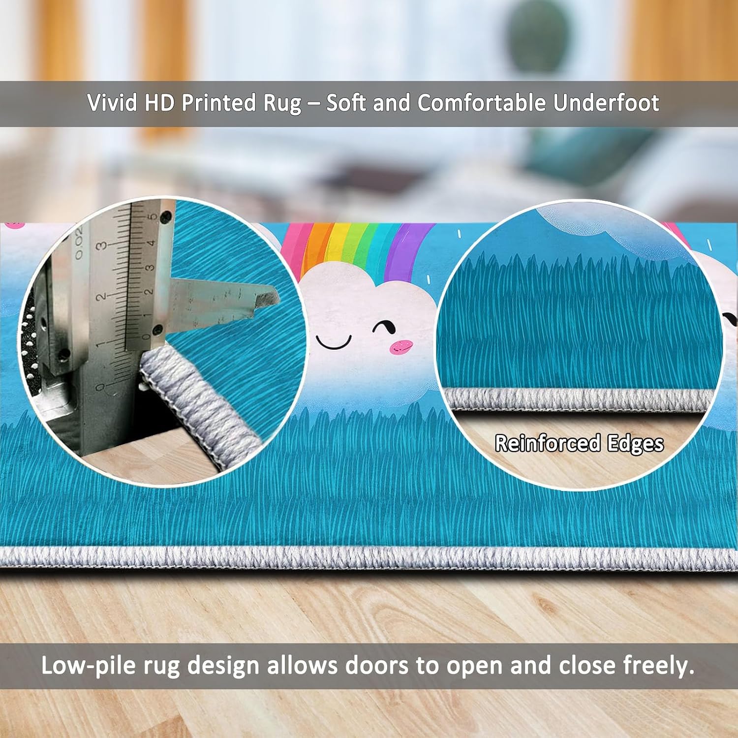 Cartoon Clouds Rainbow Area Rugs 5 x 7 ft for Kids Room Boys Girls, Blue Polyester Indoor Carpet - Machine Washable Non-Slip Soft Printed Rug for Bedroom Living Room Decor