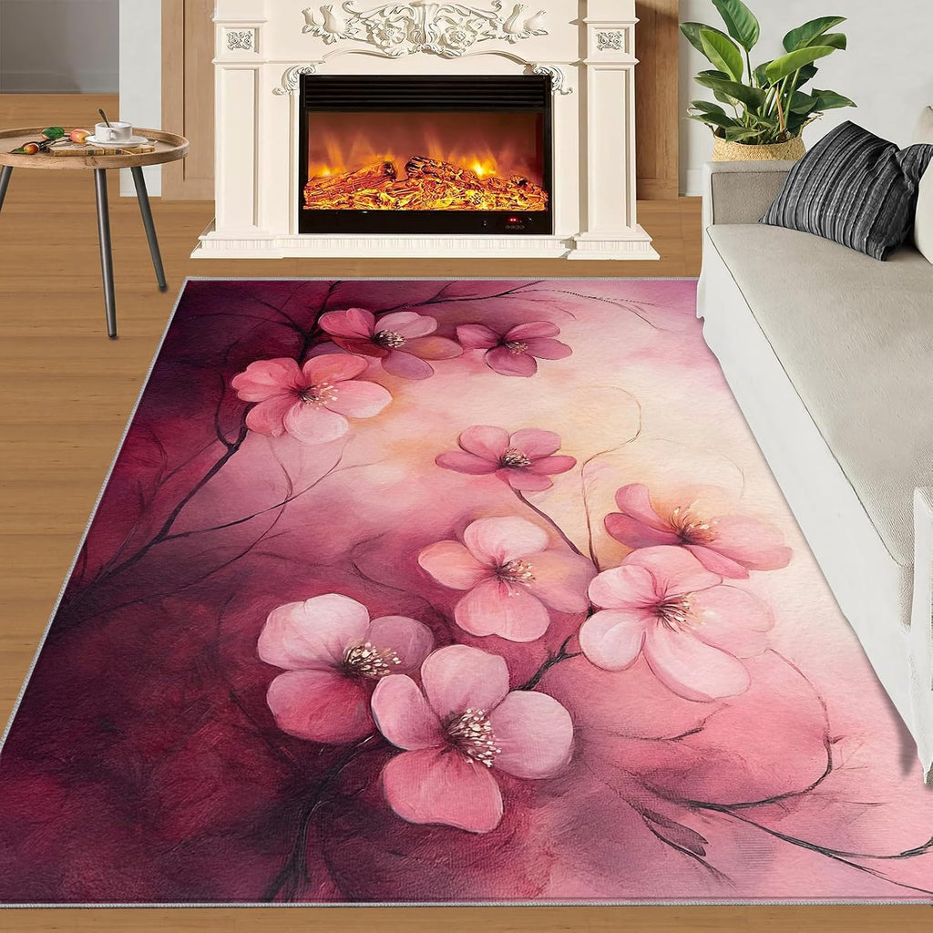 Cherry Blossoms Rug, Pink Flowers Rugs for Bedroom 5x7 Rug, Japanese Area Rug, Rugs for Living Room, Non Slip Washable Carpet for Kids Room Home Decor