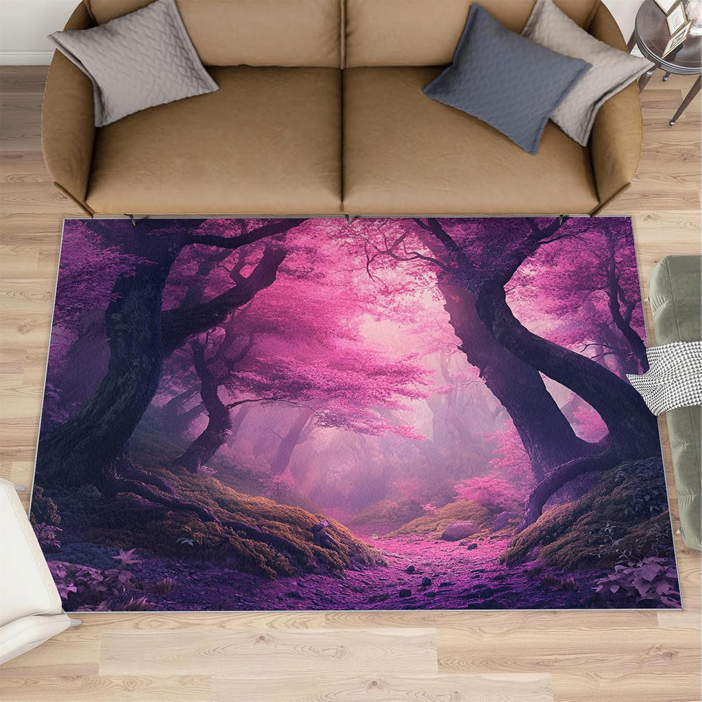 Pink Forest Rug 6x8-6x8 Rug, Woodland Area Rugs for Living Room Bedroom, Landscape Area Carpet, Natural Scenery Washable Carpet, Forest Home Decor & Gifts