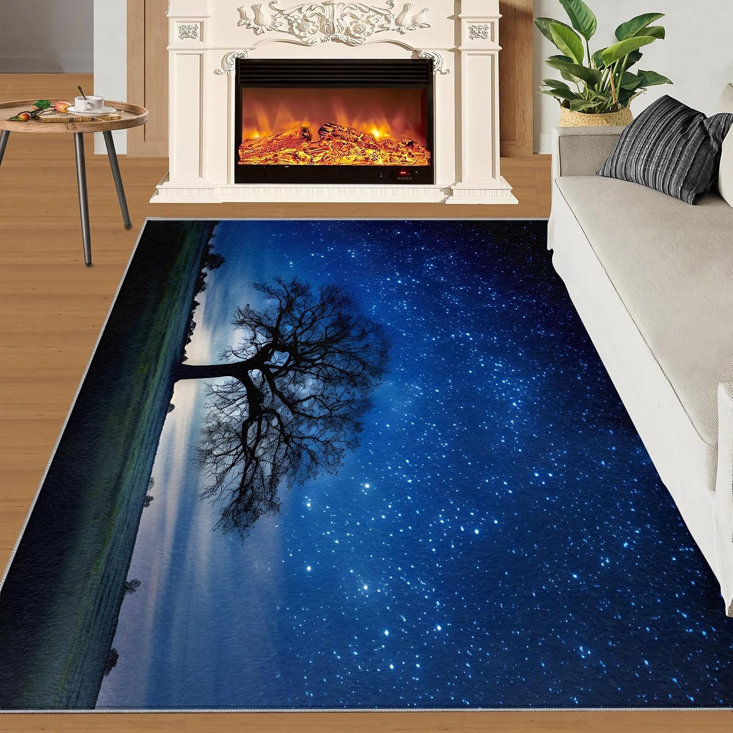 6x8 Rug Starry Night Trees Area Rugs, Milky Way Starry Night Soft Washable Carpet, Easy Clean Rugs for Boys and Girls Nursery Bed Living Room Carpets Nursery Decor Rugs
