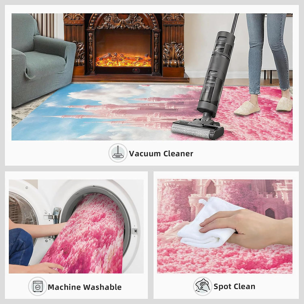 Fairy Castle Rugs for Bedroom, Pink Castle Rug 6x8, Romantic Fairy Tale Dining Room Rugs Washable & Non Slip Large Carpet for Home Decor