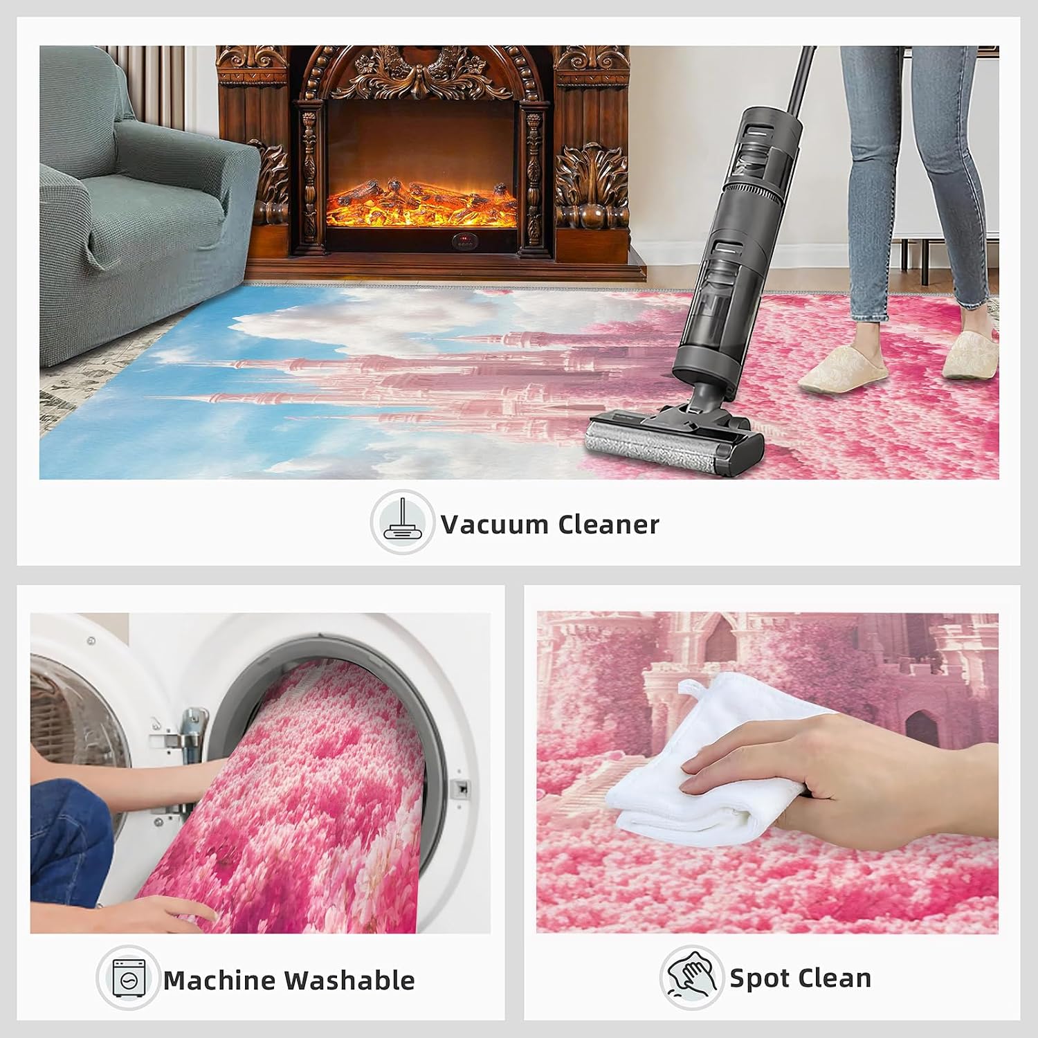Fairy Castle Rugs for Bedroom, Pink Castle Rug 6x8, Romantic Fairy Tale Dining Room Rugs Washable & Non Slip Large Carpet for Home Decor