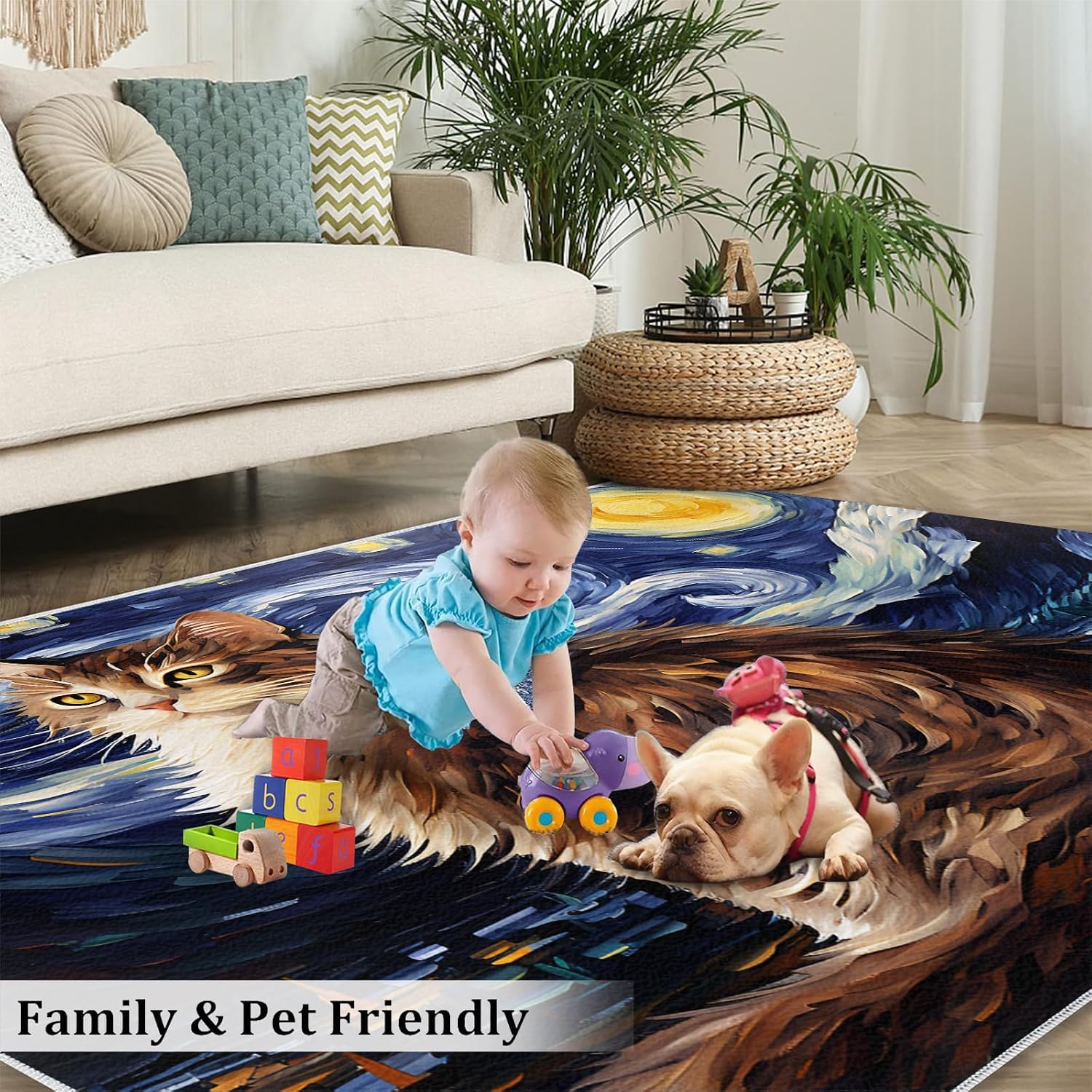 6x8 Area Rug - Starry Sky Norwegian Forest Cat Large Rugs for Living Room, Post-Impressionist Art Painting Carpet Area Rug for Girls Bedroom Kids Room Basement Office Classroom