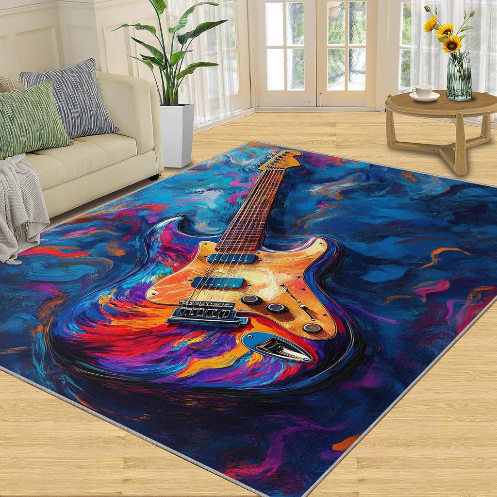 Electric Guitar Rug for Kids Room, Rock Guitar Rug 5x6, Colorful Music Bedroom Rugs Washable & Non Slip Carpet for Home Decor