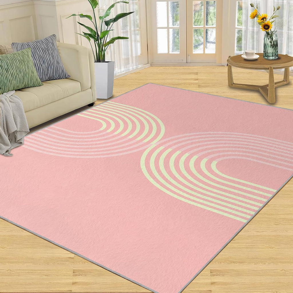 6x8 Rug Medieval Pink Lines Soft Washable Carpet, Geometric Arched Lines Upholstery Rug with Non-Slip Backing for Kids Boys Girls Bedroom Living Room Dining Room Study