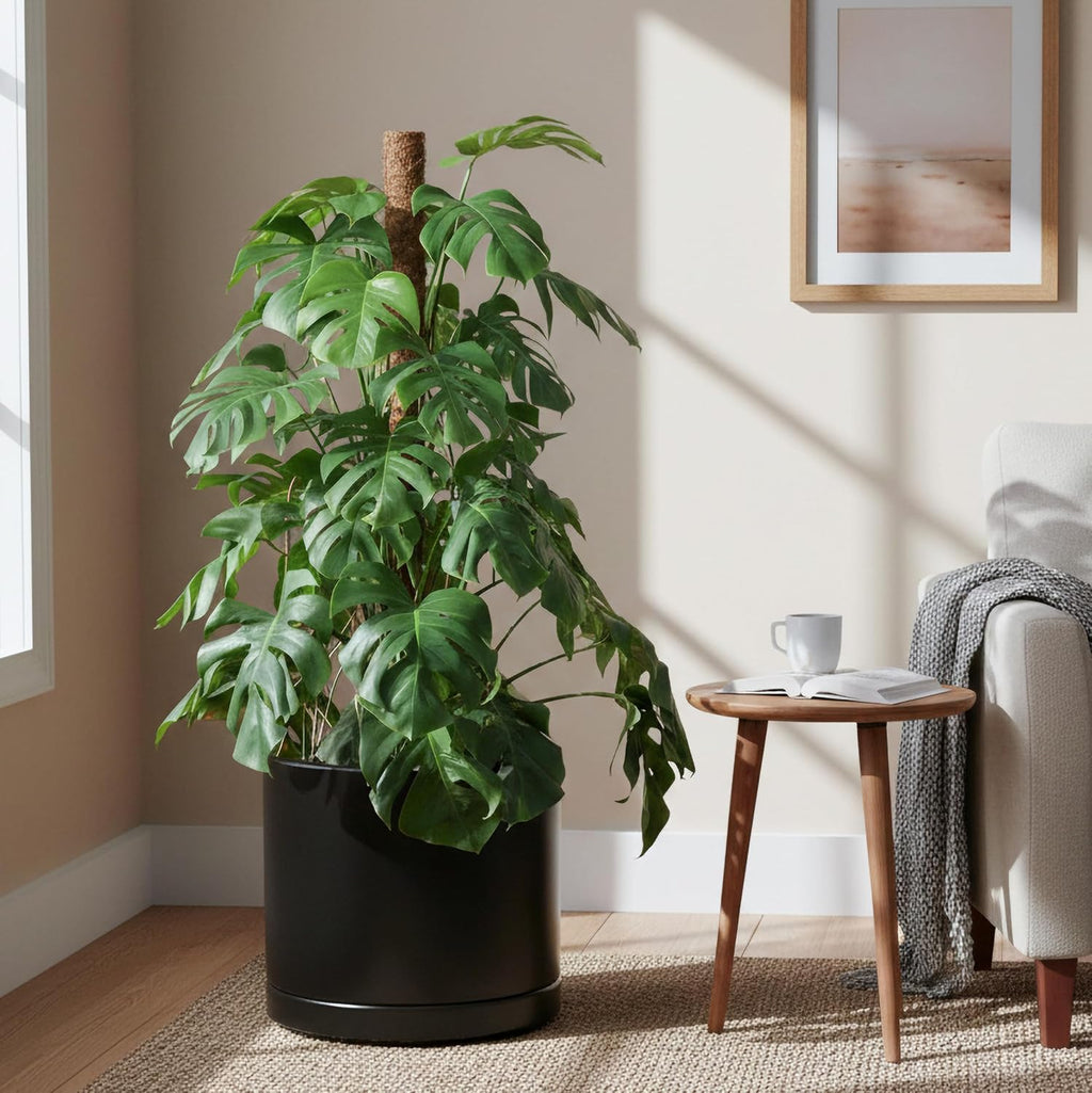 D'vine Dev 16 Inch Ceramic Planter Pot with Drainage Hole and Saucer, Indoor Cylinder Round Planter Pot, Black, 94-O-H-2