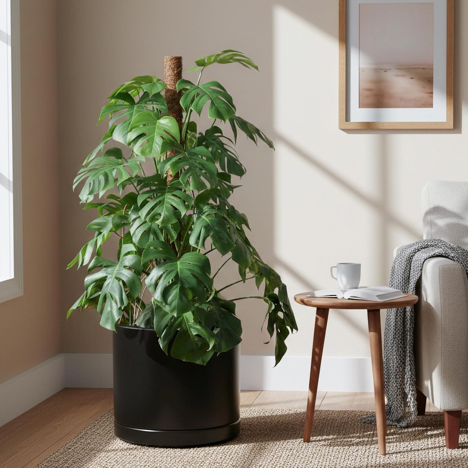 D'vine Dev 16 Inch Ceramic Planter Pot with Drainage Hole and Saucer, Indoor Cylinder Round Planter Pot, Black, 94-O-H-2