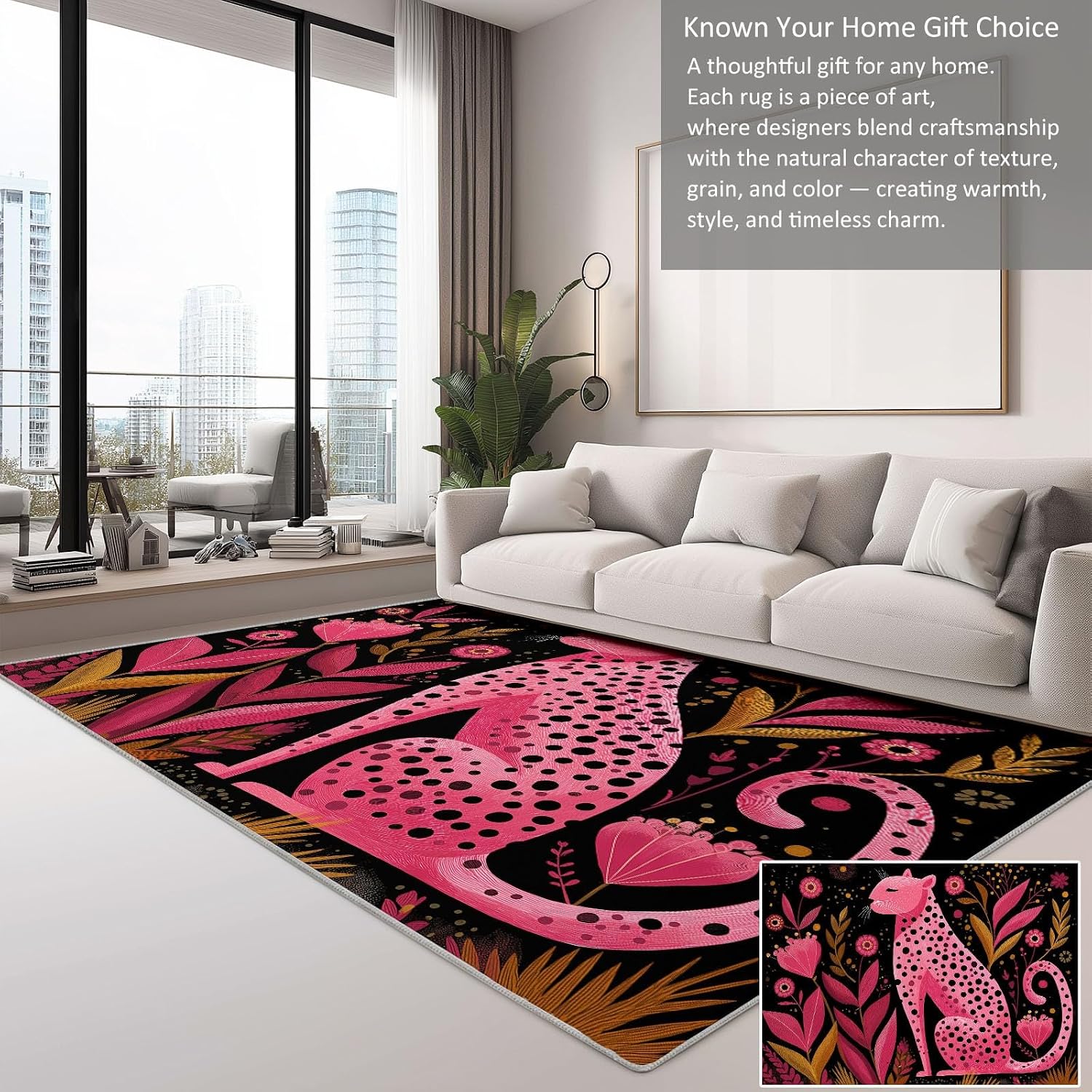 Cartoon Animal Leopard Print Area Rug 5 x 7 ft Washable, Pink Non-Slip Floor Mat - Soft Low-Plie Faux Wool Carpet for Bedroom Living Room Kitchen Entryway Pet Friendly Rug