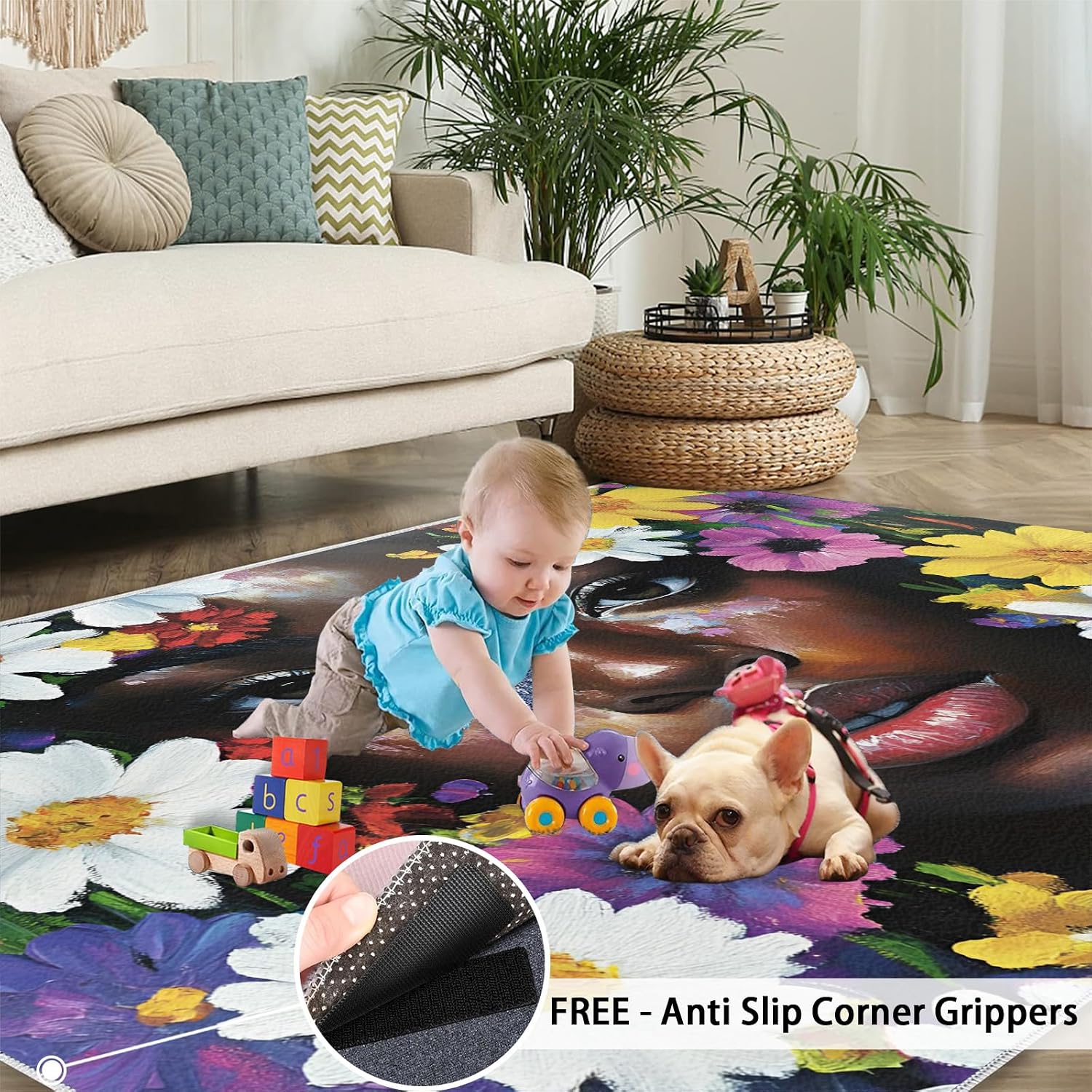 African American Rug 6x8-6x8 Rug, Afro Black Girl Washable Rugs for Living Room, Watercolor Carpet, Afro Girl Non-Slip Area Rugs for Bedroom, Floral Carpet, African Woman Home Decor