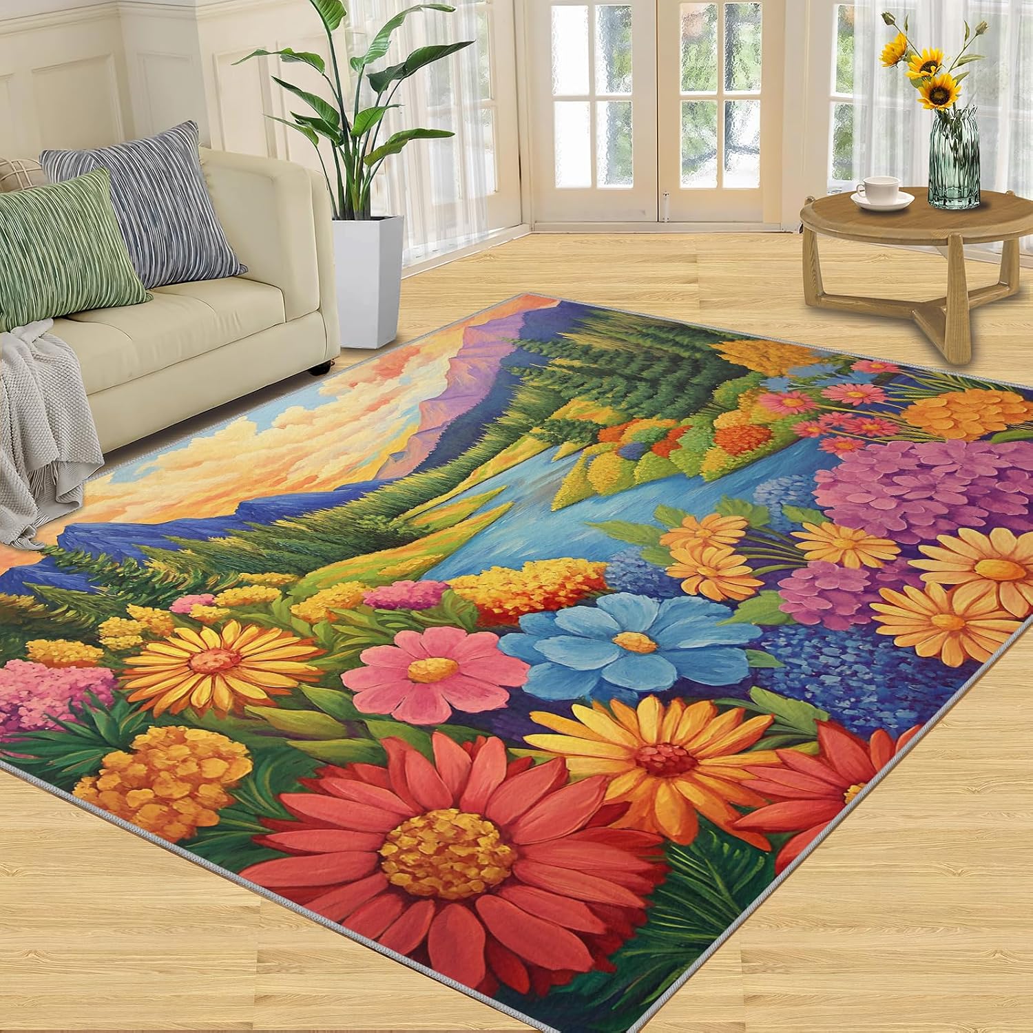 Florals Valley Rugs for Bedroom, Flowers Oil Painting Rug 6x8, Natural Mountains Dining Room Rugs Washable & Non Slip Large Carpet for Home Decor