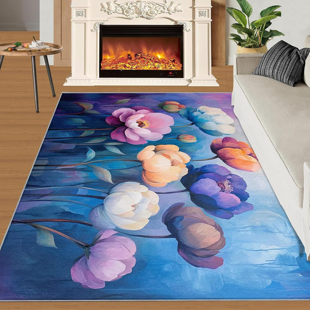 Flowers Rug, Watercolor Flower Rugs for Bedroom 5x7 Rug, Plant Floral Area Rug, Rugs for Living Room, Non Slip Washable Carpet for Kids Room Home Decor