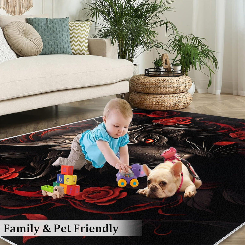 Wolf Rug for Kids Room - 6x8 Large Rug, Wolf and Red Rose Rugs for Bedroom Brown Animals Wolf Area Rugs for Living Room Home Decor Washable Rug