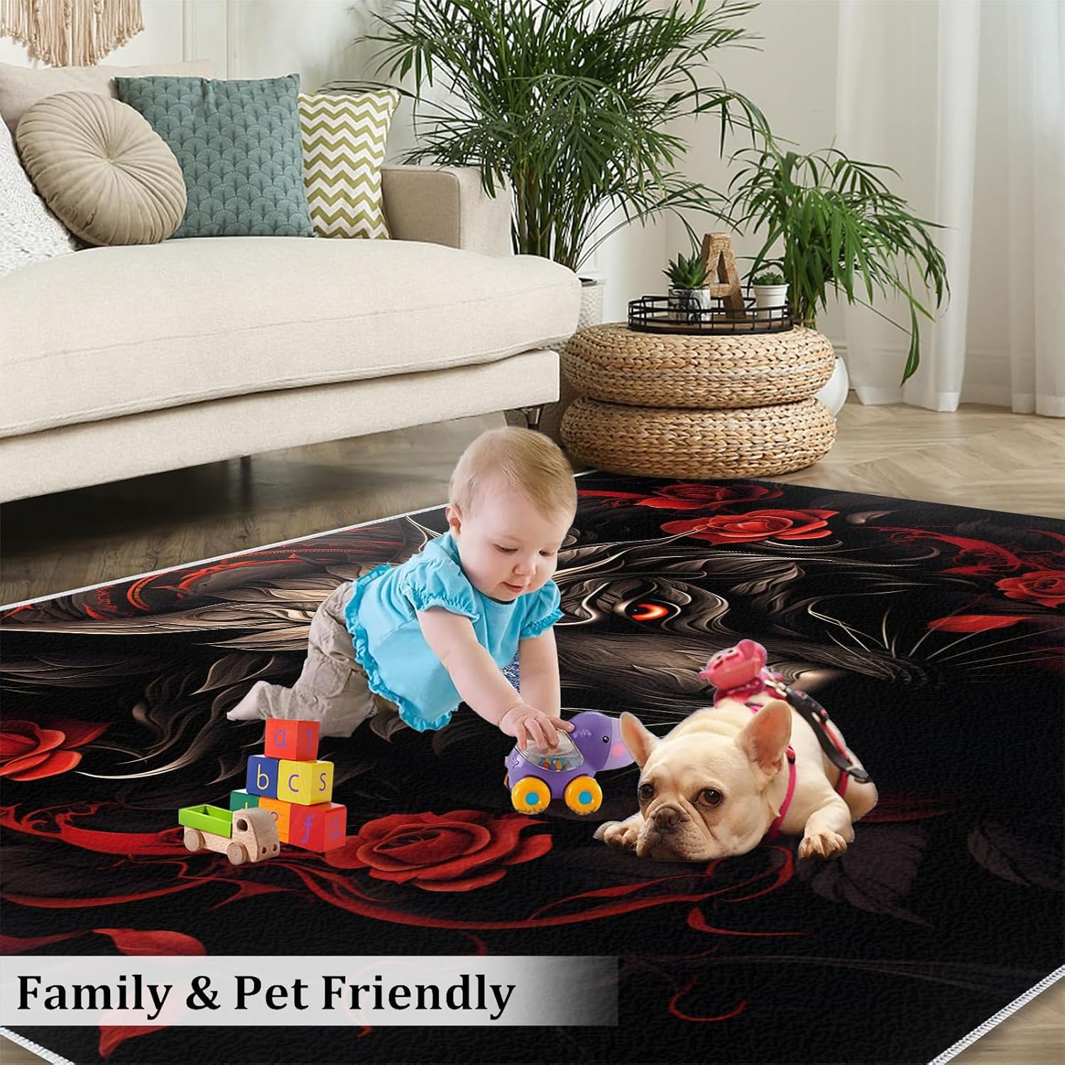 Wolf Rug for Kids Room - 6x8 Large Rug, Wolf and Red Rose Rugs for Bedroom Brown Animals Wolf Area Rugs for Living Room Home Decor Washable Rug