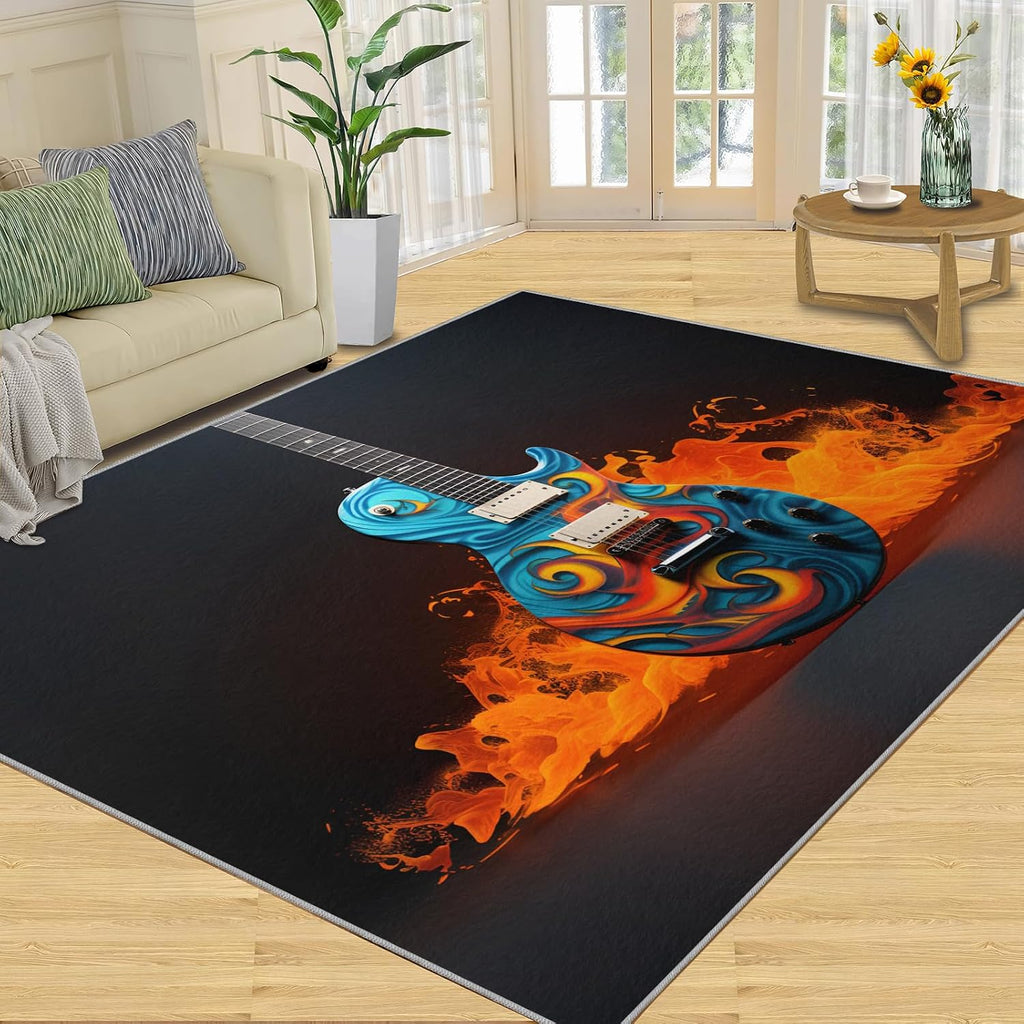Guitar Rugs for Music Room - Music Rug, 6x8 Rug, Boys Musical Washable Rugs for Living Room Bedroom, Cool Fire Area Rug, Rock and Roll Carpet - Home Decor, Electric Guitars Gifts for Men