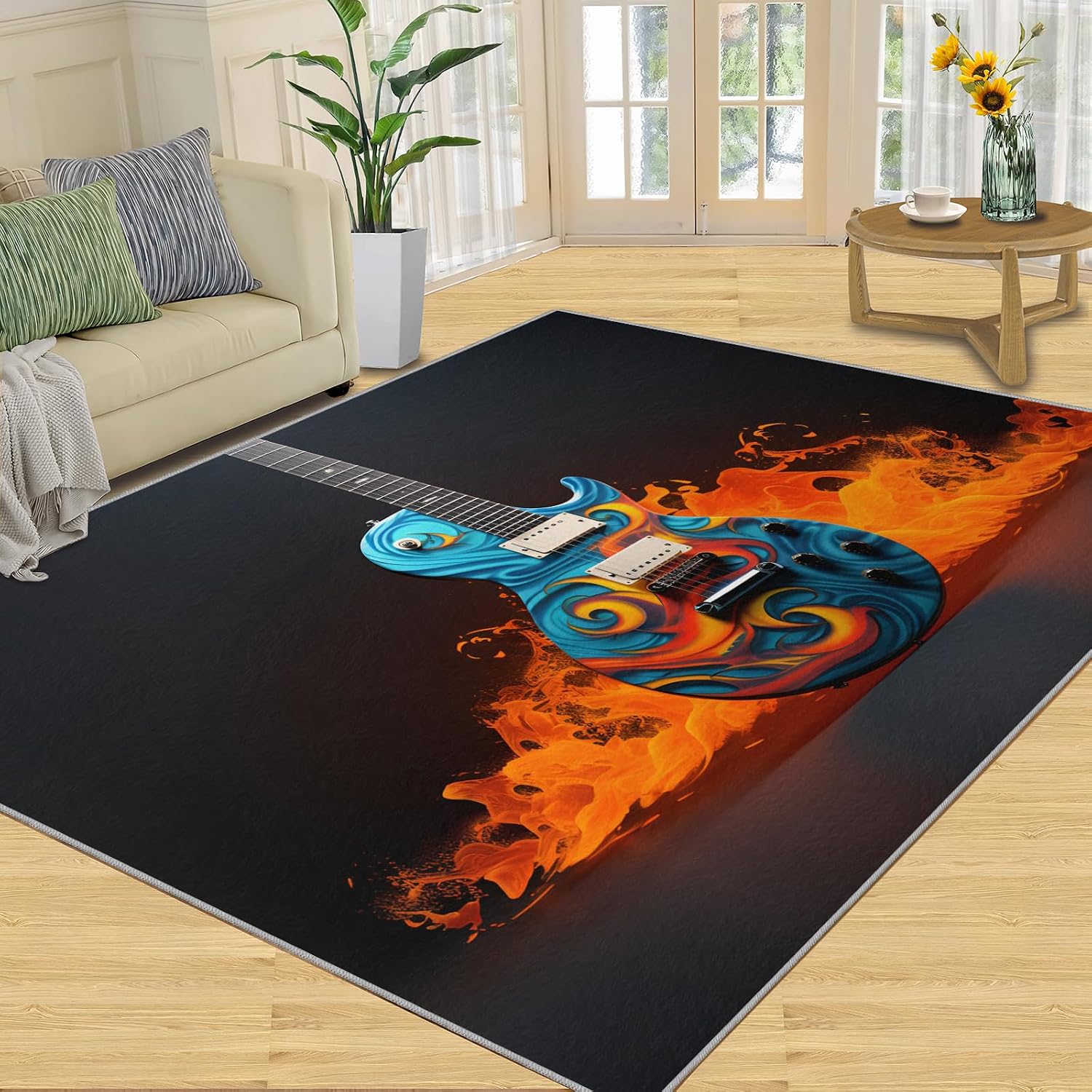 Guitar Rugs for Music Room - 5x7 Rug, Music Home Decor, Boys Musical Washable Rugs for Living Room Bedroom, Cool Fire Area Rug, Rock and Roll Carpet, Electric Guitars Gifts for Men