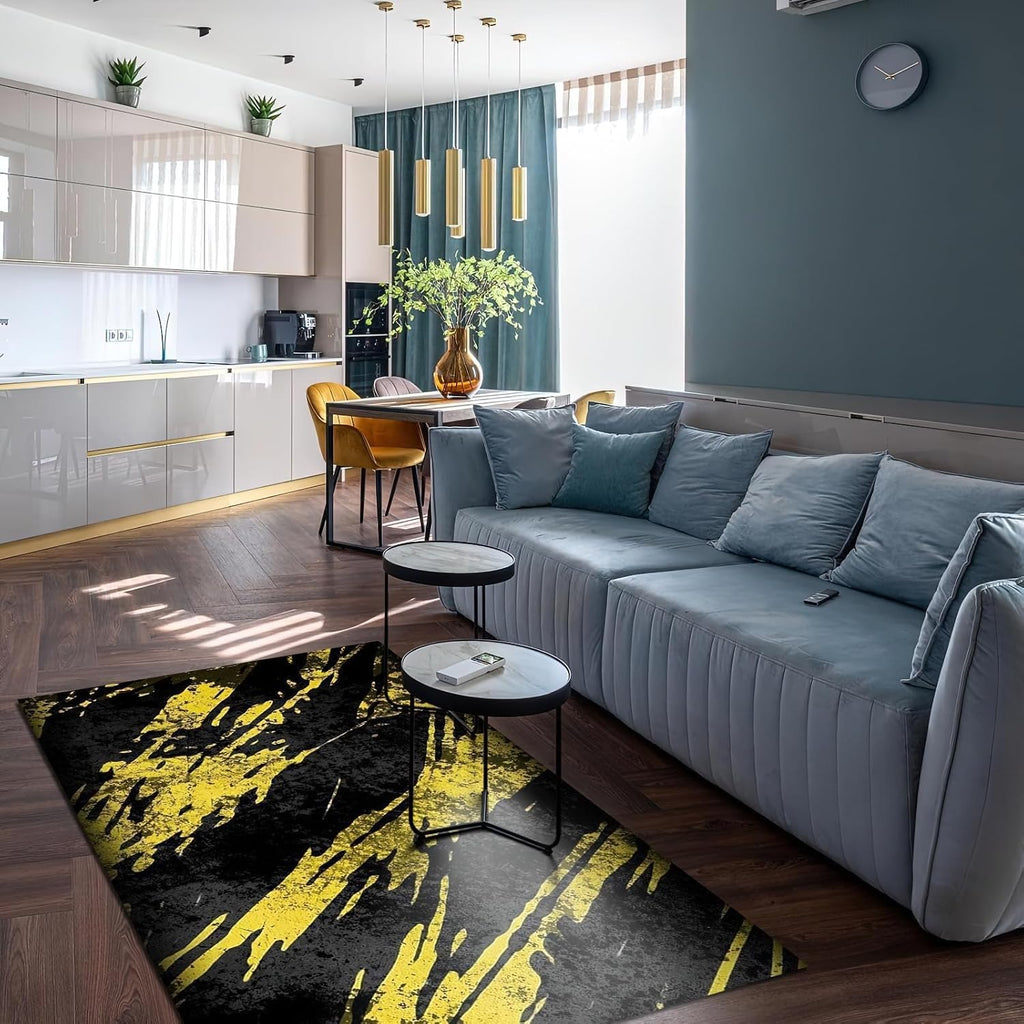 6x8 Rug Gold Black Irregular Graffiti Indoor Non-Slip Kids Rug, Abstract Art Doodle Upholstery Rug with Non-Slip Backing for Kids Boys Girls Bedroom Living Room Dining Room Study