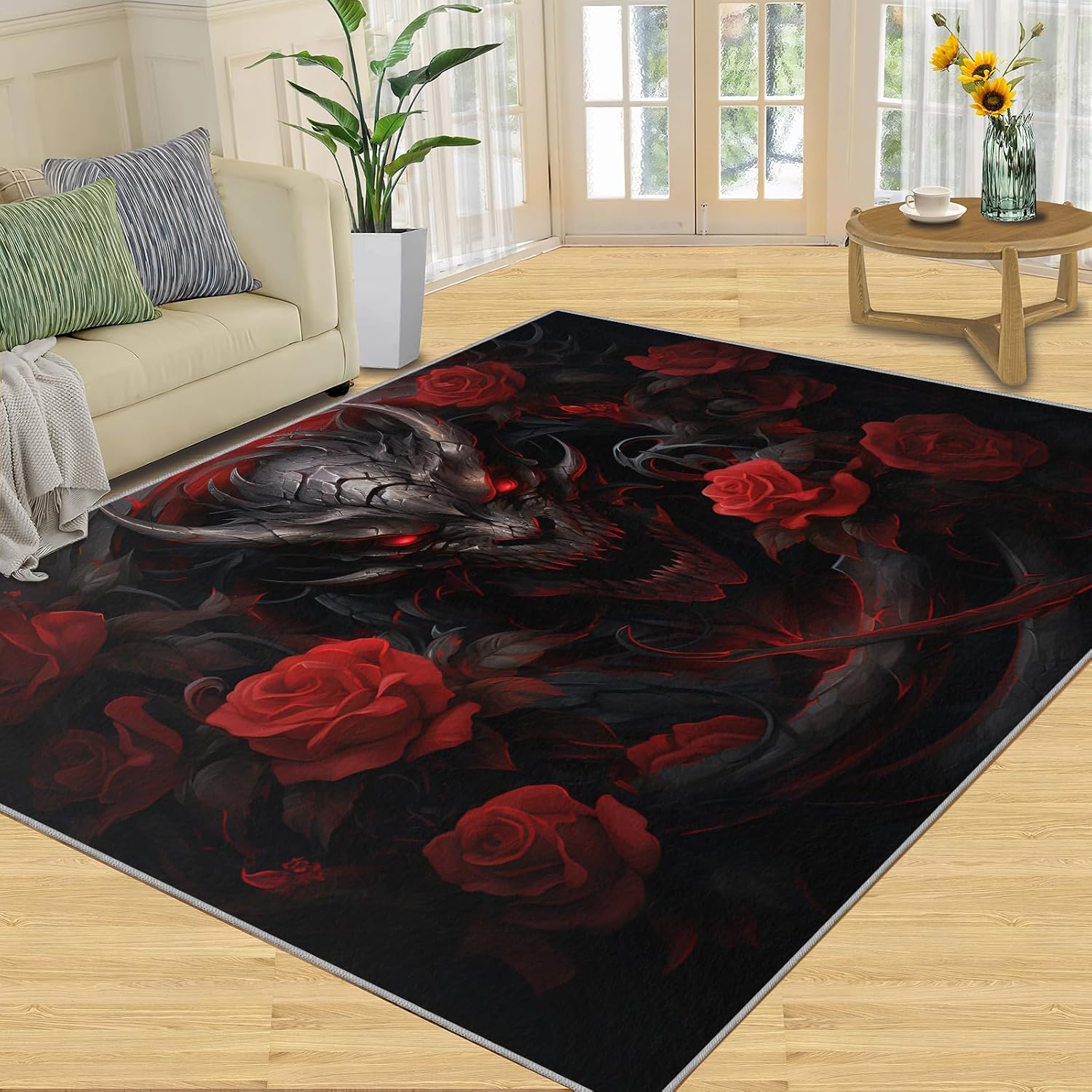 Red Rose Rug for Kids Room - 6x8 Large Rug, Giant Dragon Rugs for Bedroom Black and Red Dragon Flower Area Rugs for Living Room Home Decor Washable Rug