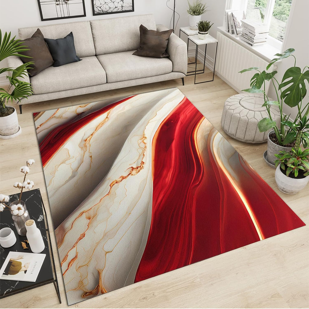 Marble Red White Gold Abstract Area Rug, Gradual Gold Modern Abstract Art Indoor Non-Slip Kids Rugs, Machine Washable Breathable Durable Carpet for Front Entrance Floor Decor,6 x 8ft