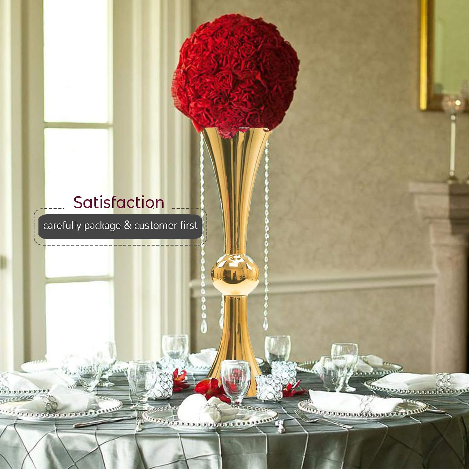 WGV Tall Trumpet Vase Bulk, Open 7.5', Height 30', Base 7.5', (Multiple Size/Color Choices) Gold Reversible Latour Floral Wedding Centerpiece Home Event Decor, 2 Pieces (VTV2130GD)