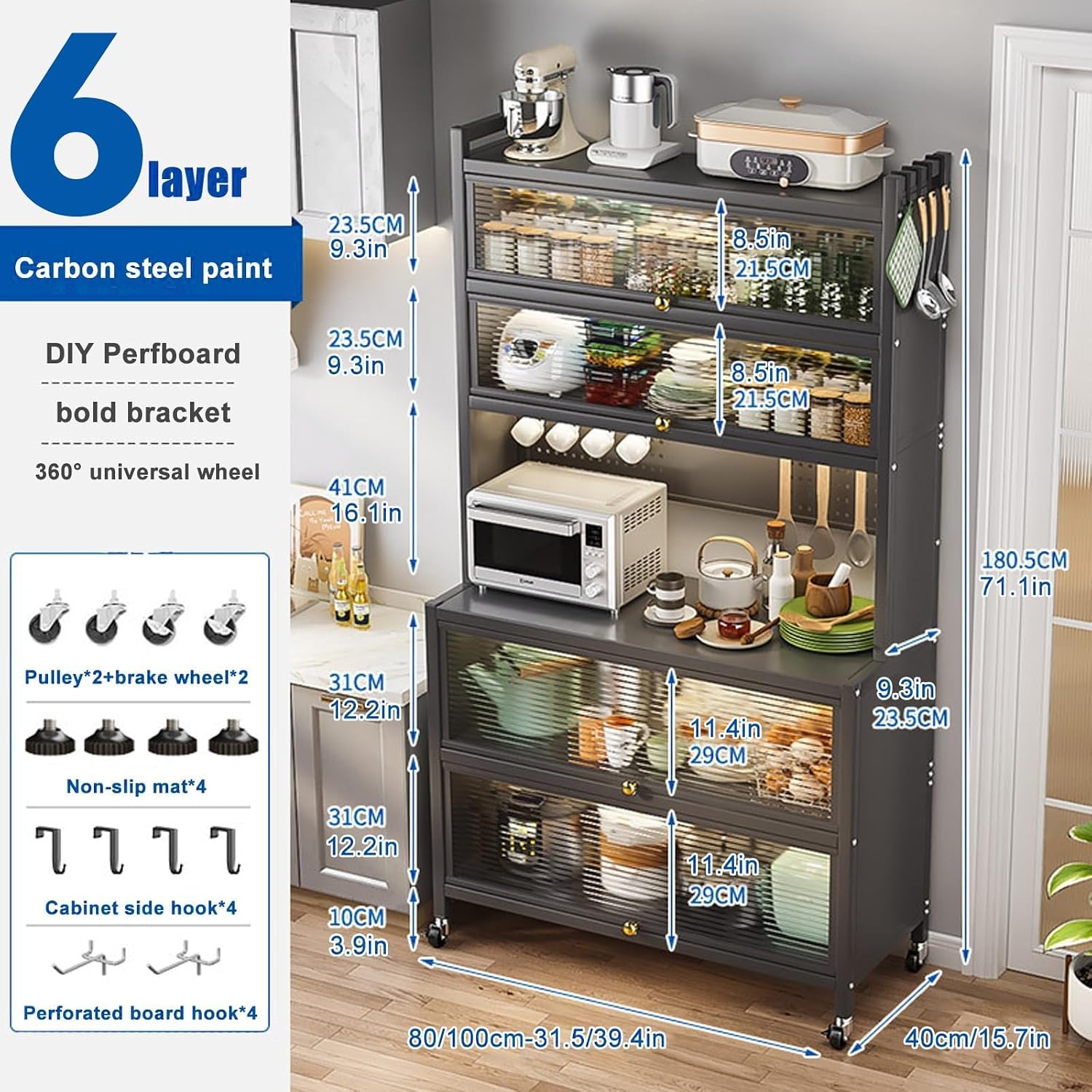 Free Standing Bakers Rack 6-Tier Kitchen Units Kitchen Storage Shelves Large Metal Kitchens Rack with Flip Door and Pegboard and Wheels & 8 Hooks(Gray,L-100CM/39.4IN)