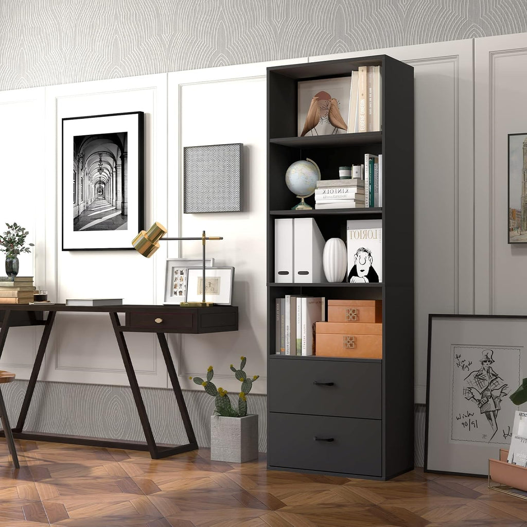 LOKO 74 Inches Tall Bookcase, 6-Tier Modern Tall Storage Cabinet with 2 Drawers & 4 Open Shelves, Freestanding Wooden Bookshelf with Anti-toppling Devices for Living Room, Study, Home Office (Black)