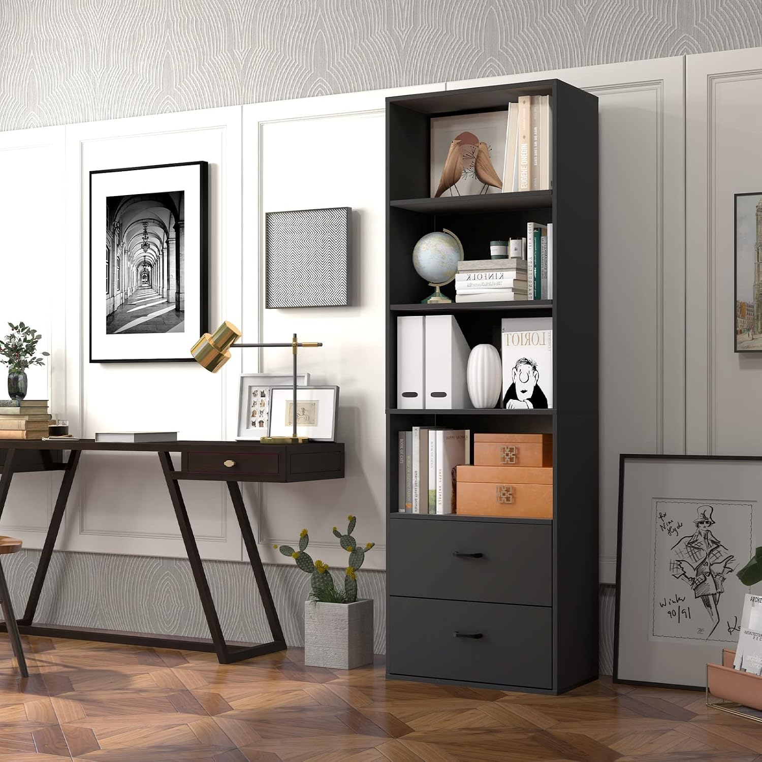 LOKO 74 Inches Tall Bookcase, 6-Tier Modern Tall Storage Cabinet with 2 Drawers & 4 Open Shelves, Freestanding Wooden Bookshelf with Anti-toppling Devices for Living Room, Study, Home Office (Black)